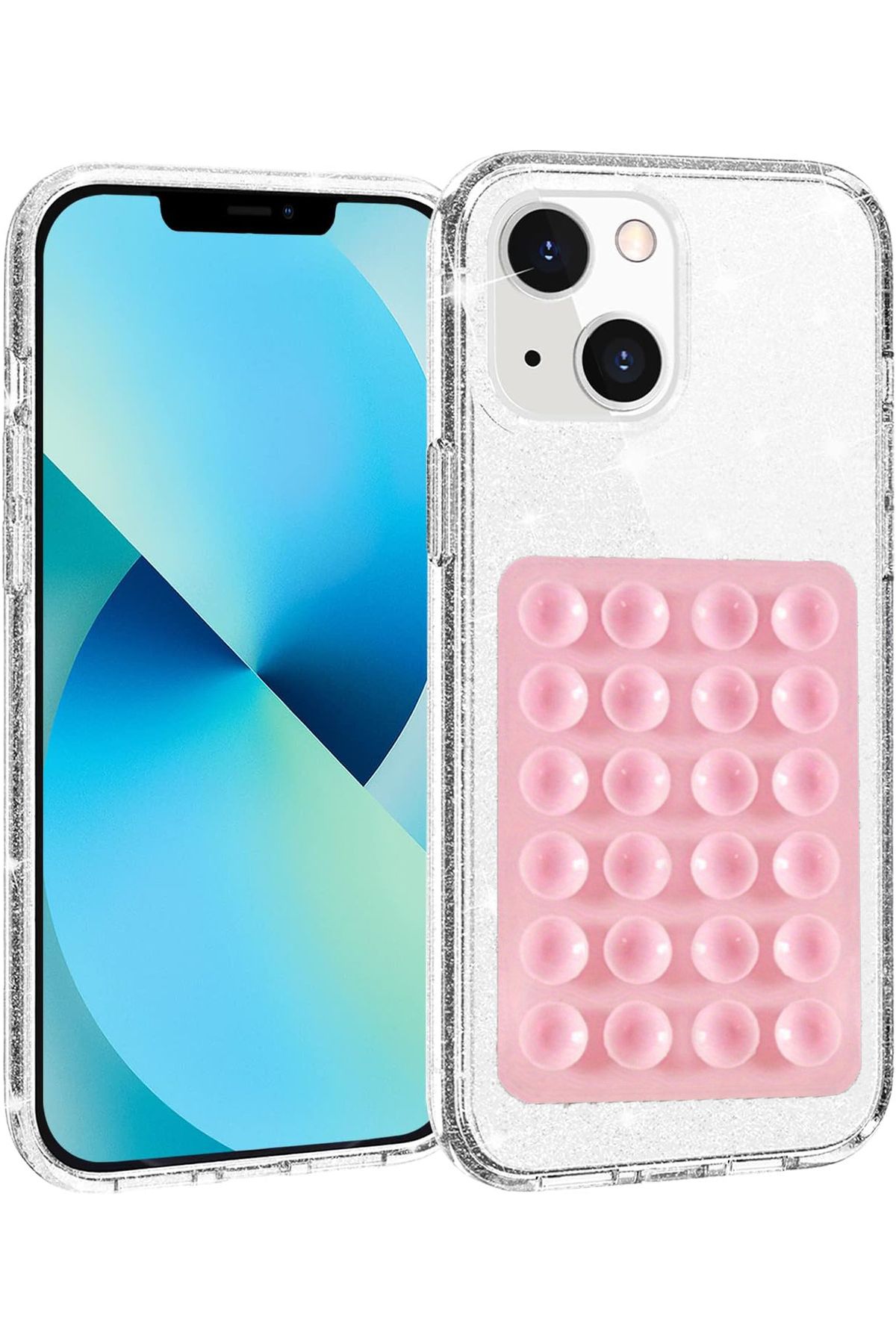 EDELFU iPhone 15 - 14 ve 13 UYUMLU Simli Sert Sararmaz Şeffaf Kılıf, Telefon Tutacağı Vakum ve ince Kapak