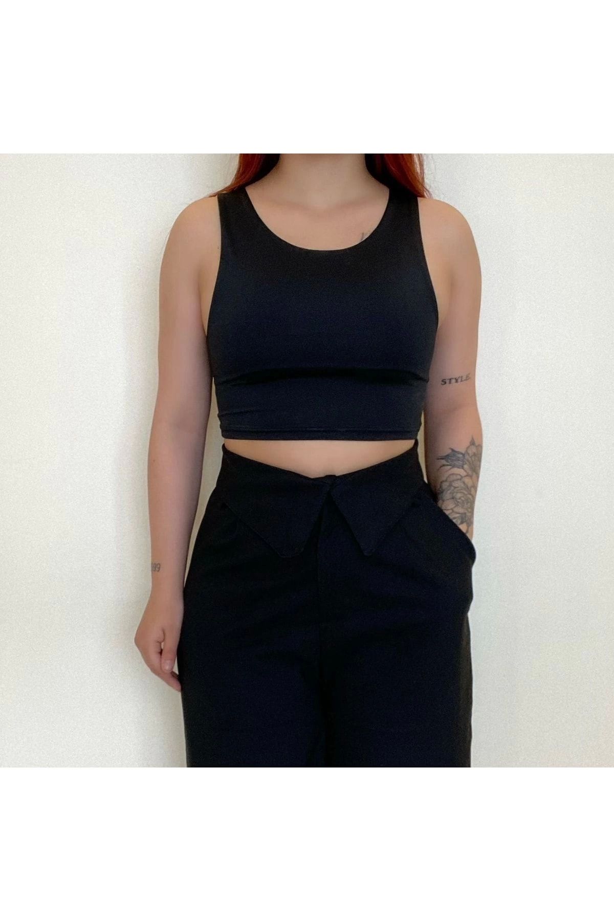 POLEXP Siyah Kalın Askılı Scuba Kumaş Crop