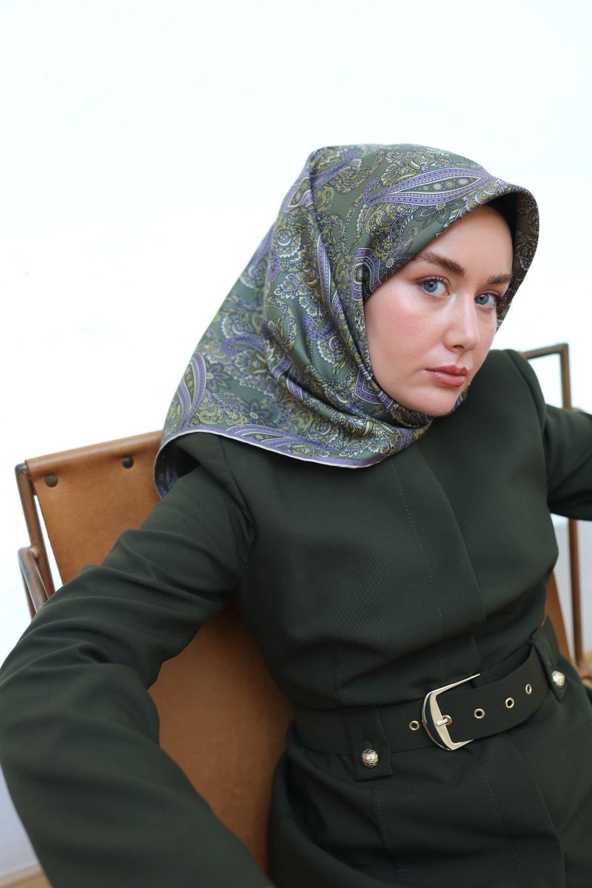 Silk Home Haki Yeşili Etnik Desen Saf İpek Tivil Dokuma Eşarp-11455-11-KVS0731
