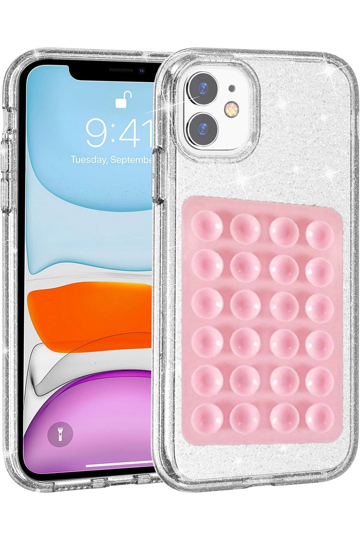 EDELFU iPhone 11 (6.1 inç) UYUMLU Simli Sert Sararmaz Şeffaf Kılıf, Telefon Tutacağı Vakum ve ince Kapak