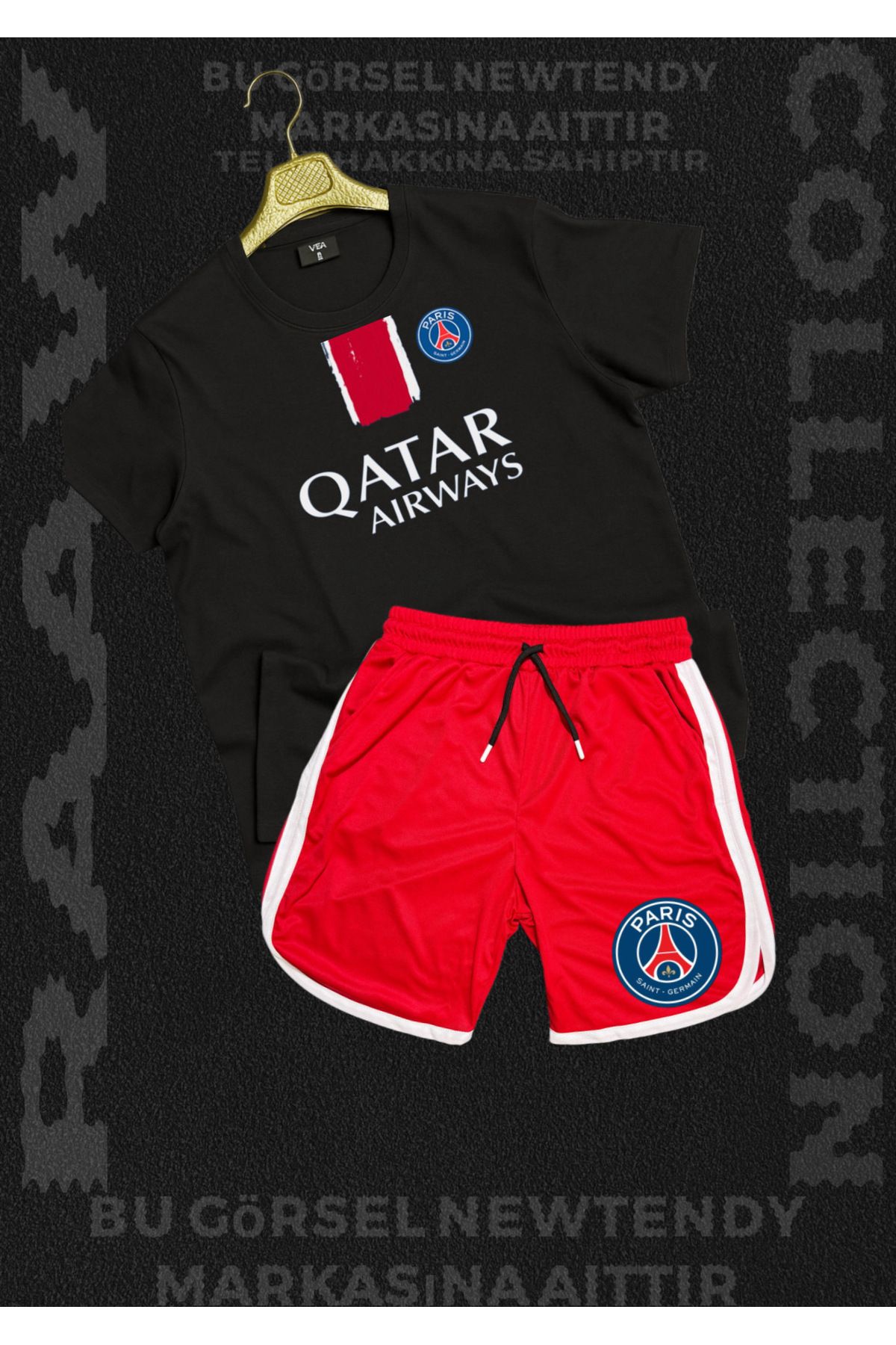 Minikelya Paris Qatar Airways Baskılı Siyah Tişört basket Şort Erkek Spor Takım Kombin Yazlık