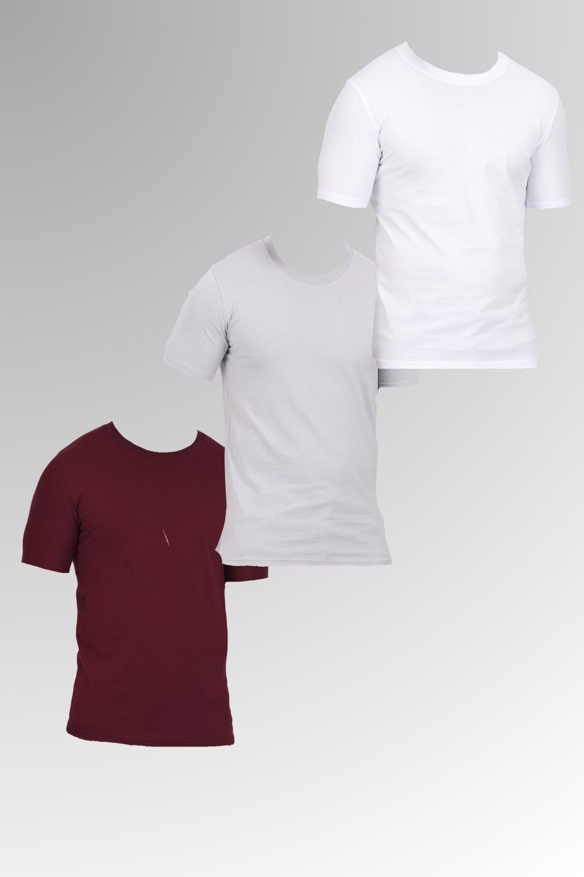 DAMGA JEANS Erkek Pamuklu Bisiklet Yaka Kısa Kollu Dar Yazlık Bordo - Gri - Beyaz 3 Lü Basic Tişört Paketi