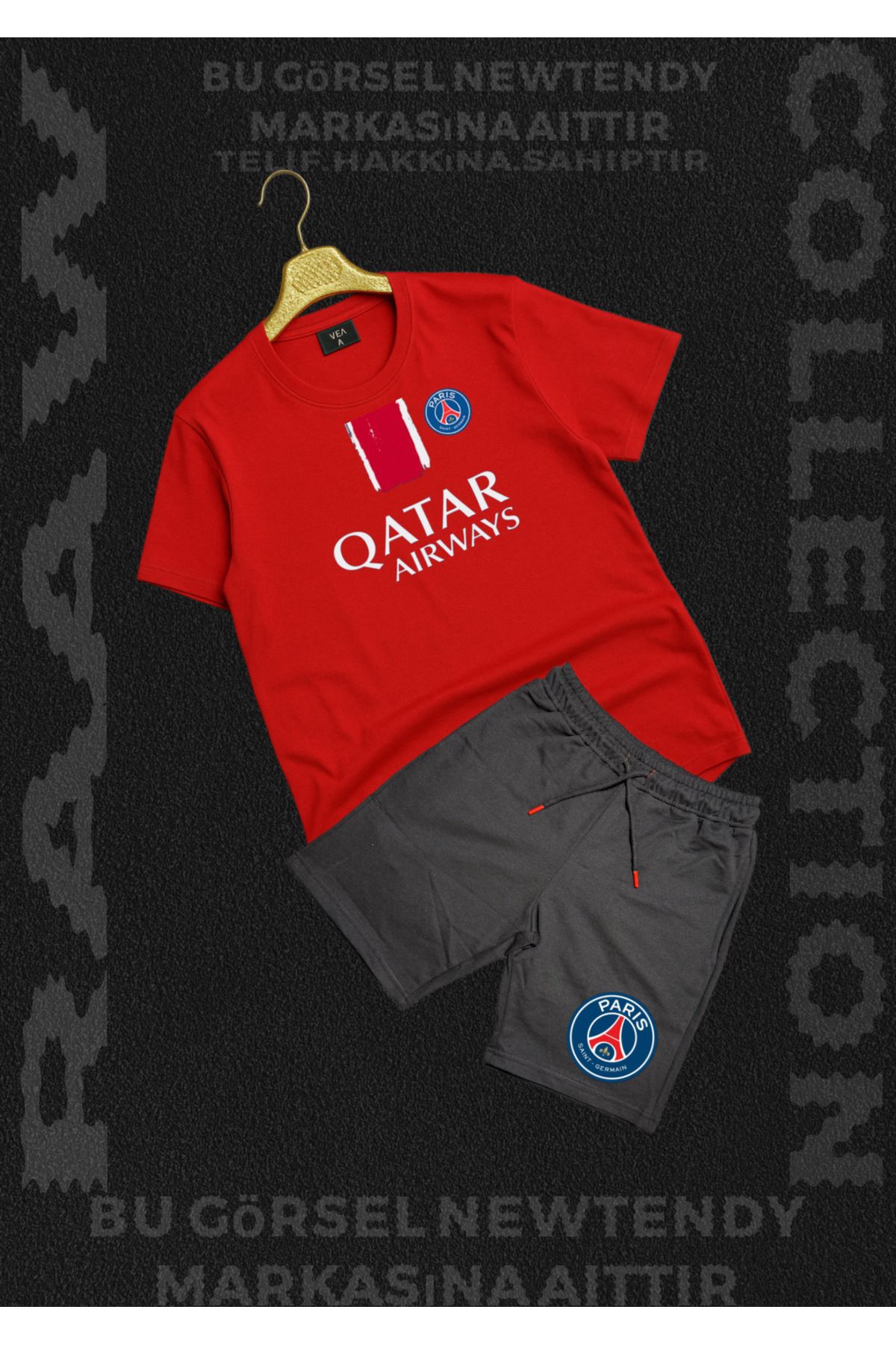 Minikelya Paris Qatar Airways Baskılı Kırmızı Tişört basket Şort Erkek Spor Takım Kombin Yazlık