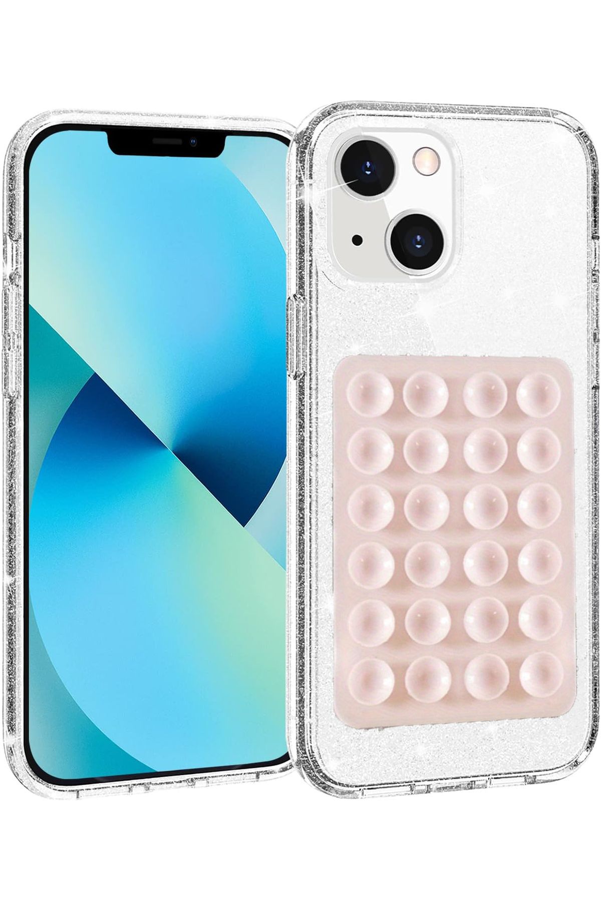 EDELFU iPhone 15 - 14 ve 13 UYUMLU Simli Sert Sararmaz Şeffaf Kılıf, Telefon Tutacağı Vakum ve ince Kapak