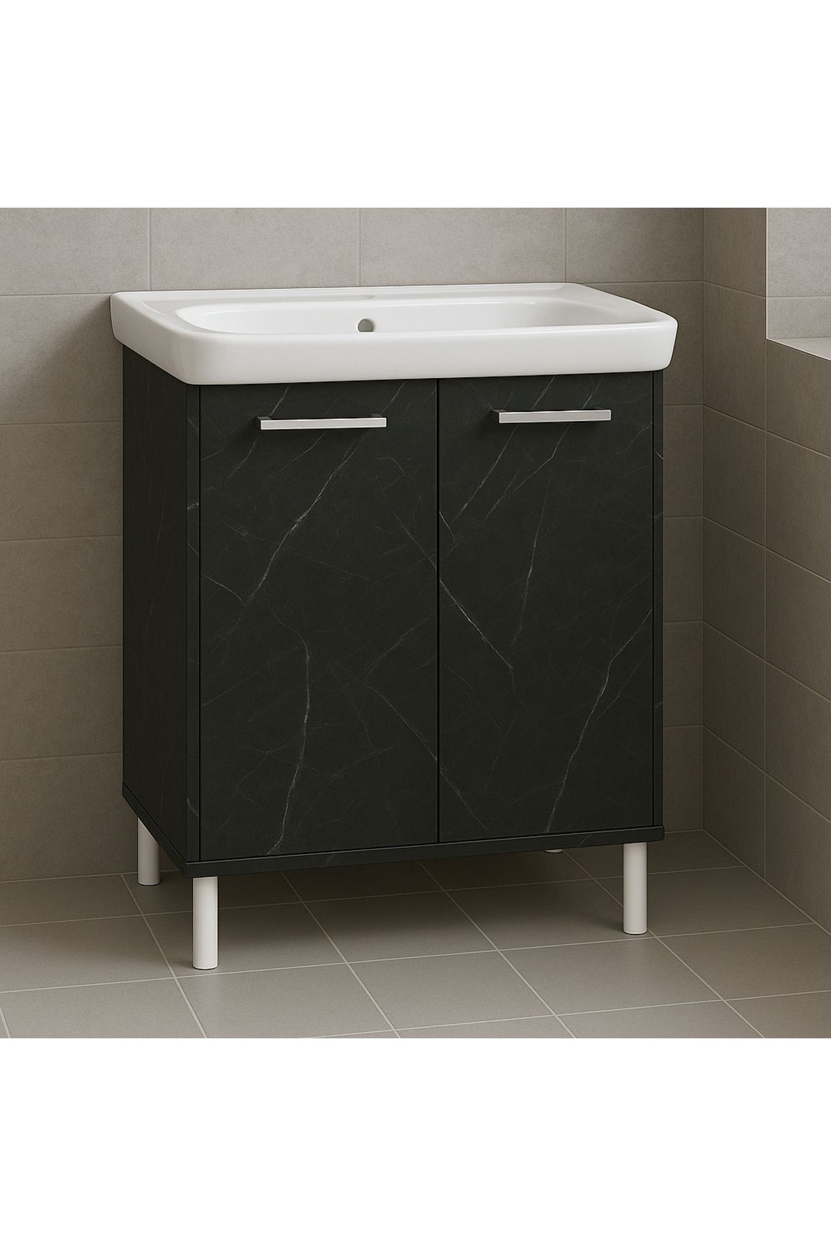 YURKUR MOBİLYA Şık Beyaz Siyah Mermer Desenli Banyo Alt Dolabı Ayaklı Lavabo Dolabı Raflı, Çift Kapaklı(25)