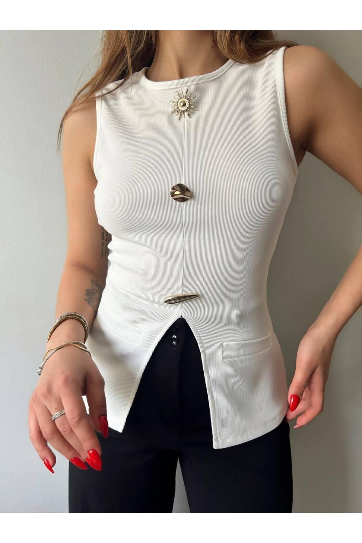 Nisa Luxury Boutique Ottoman Kumaş Güneş Serisi Sıfır Kol Likralı Eteği V Bluz