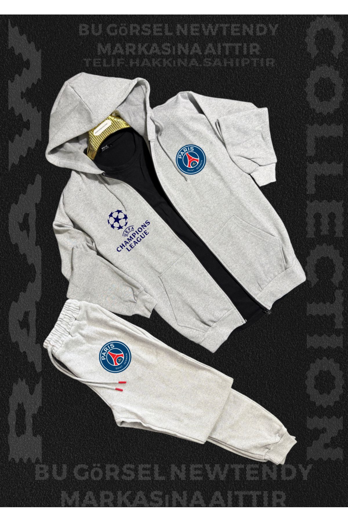 Minikelya Paris Logolu Kapüşonlu Sweat Eşofman Altı Erkek Kombin Şık Spor Takım