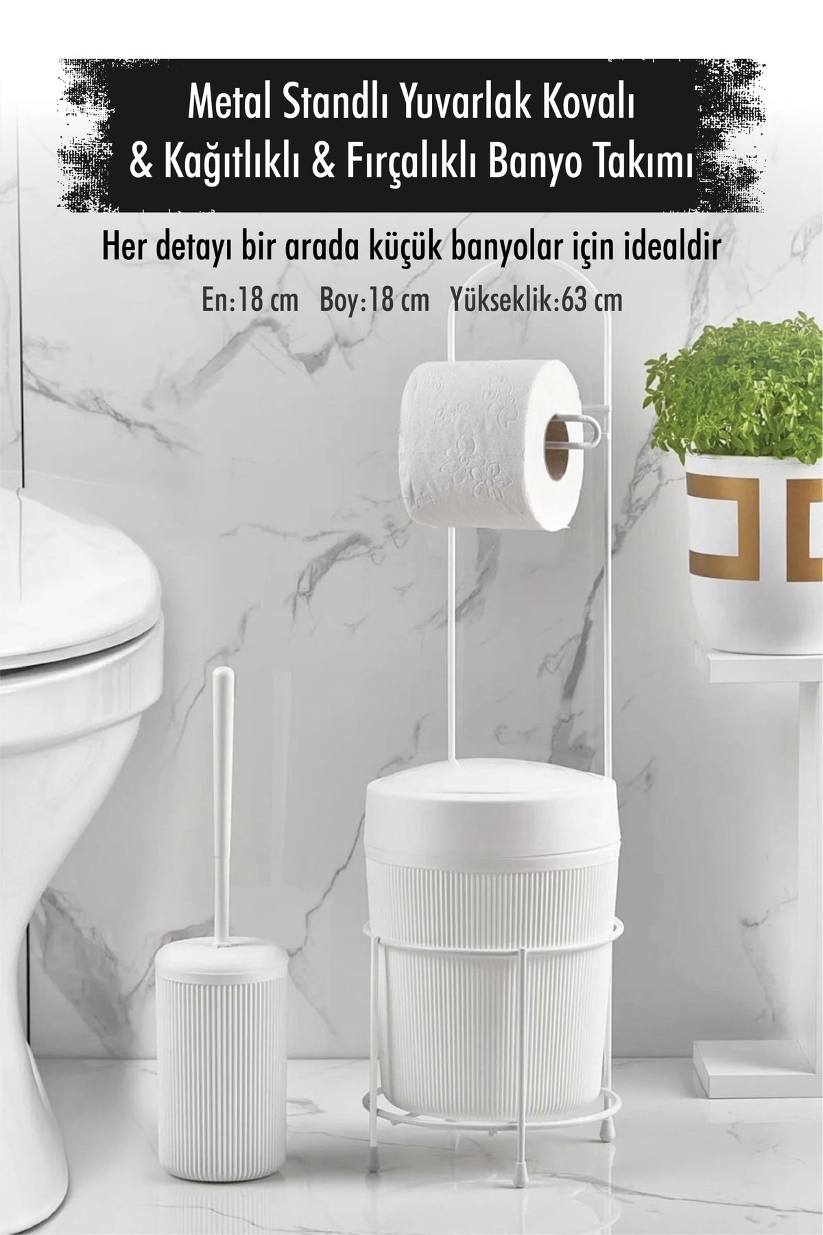 FTT SHOPPING MARKET Metal Standlı Yuvarlak Kovalı & Kağıtlıklı & Fırçalıklı Beyaz Banyo Takımı