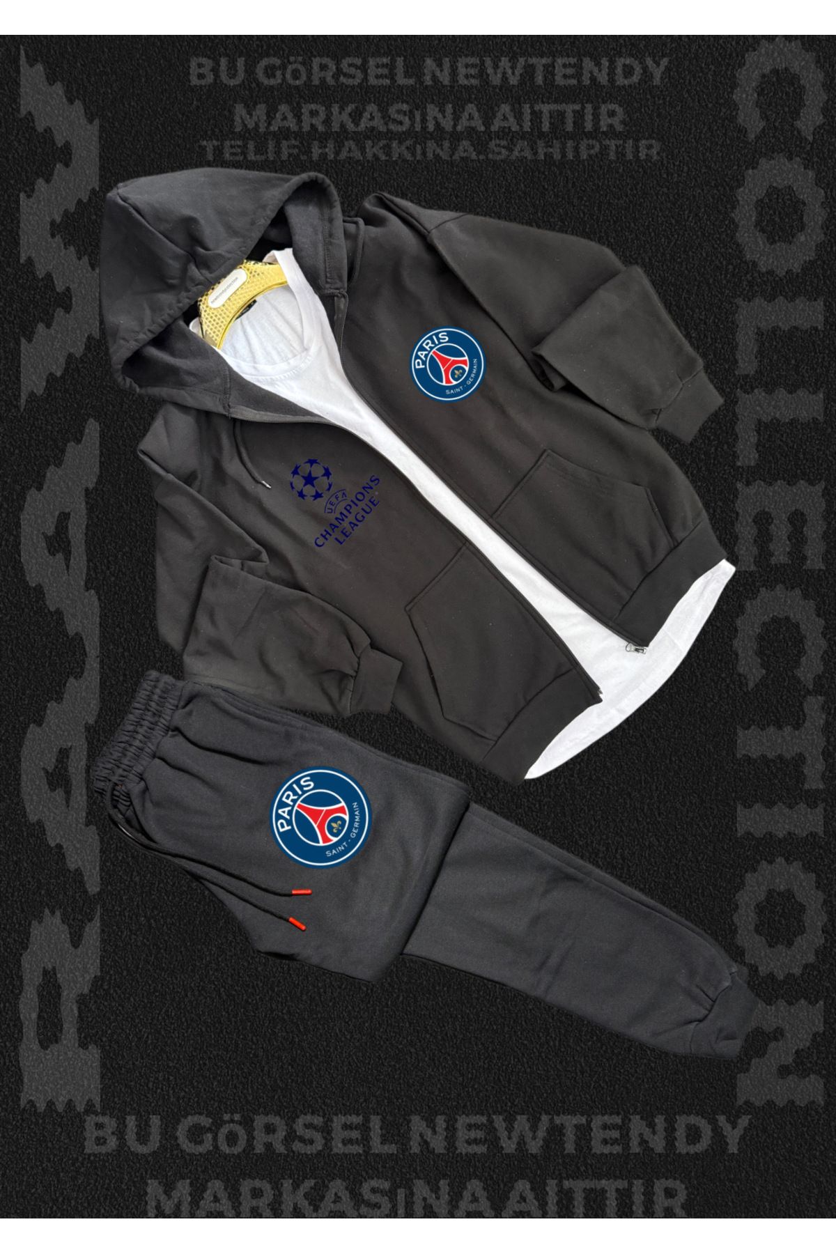 Minikelya Paris Logolu Kapüşonlu Sweat Eşofman Altı Erkek Kombin Şık Spor Takım