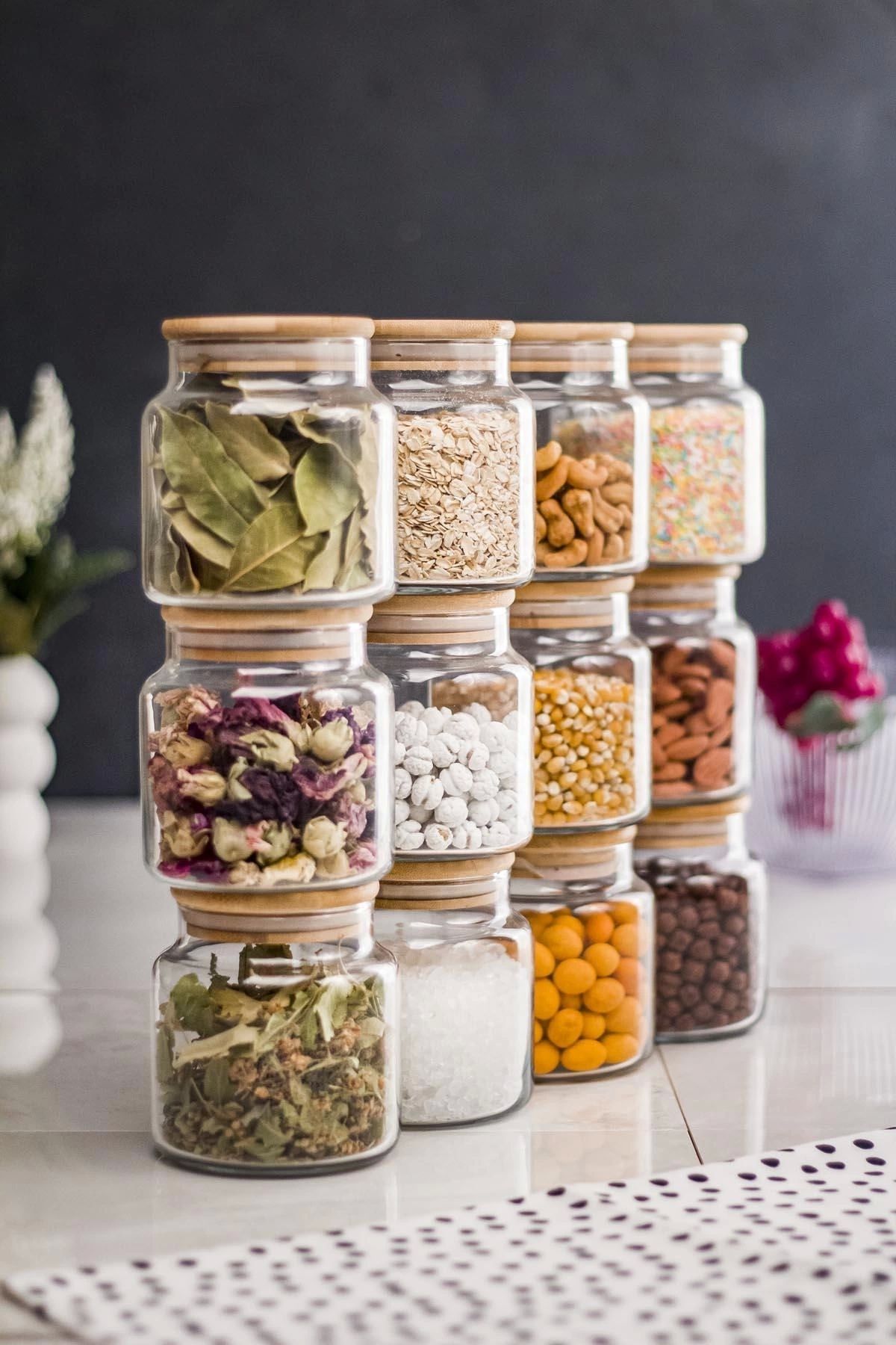 FTT SHOPPING MARKET 12'Li Bambu Kapaklı Cam Kavanoz & Baharat Takımı & Baharatlık Seti 500 ML ( Vakum Kapak )