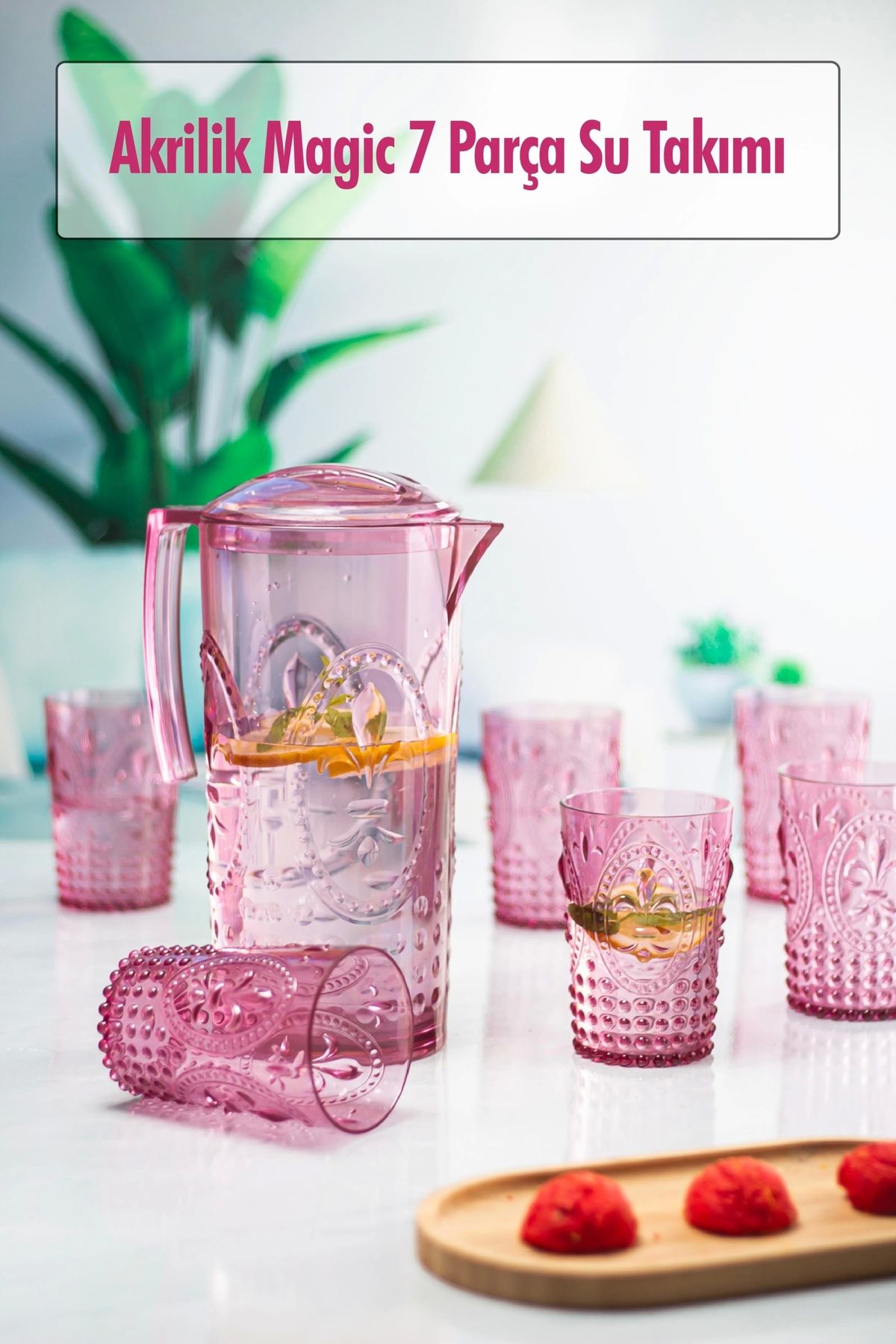 FTT SHOPPING MARKET Akrilik Mürdüm Sürahi 2,3 lt Ve 6'lı & Su Meşrubat Kahve Yanı Bardağı 400 ml Seti ( Cam Değildir )
