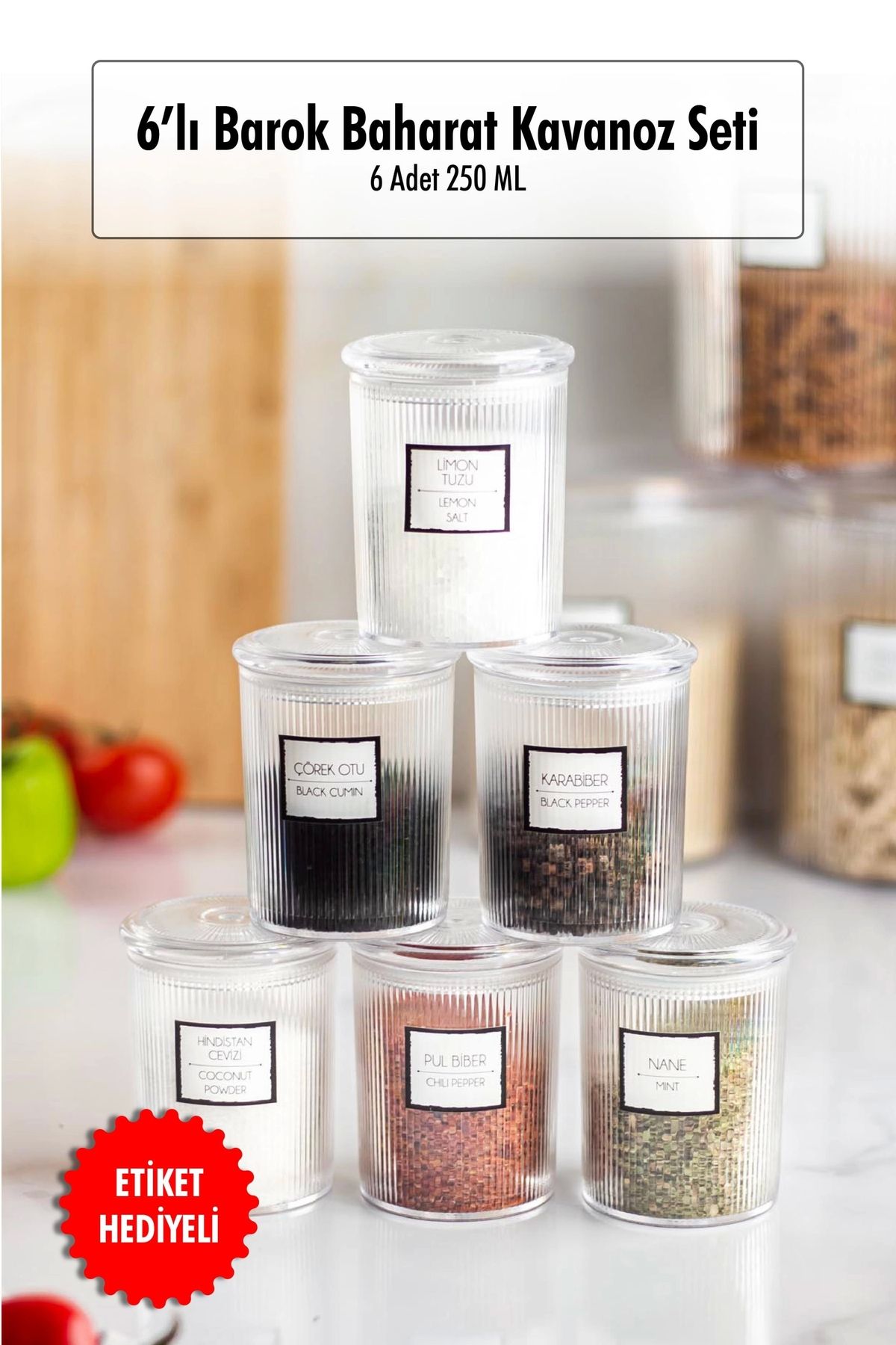 FTT SHOPPING MARKET 6'lı Barok Yuvarlak Baharat Kavanoz Seti & Saklama Kabı & Erzak Kabı (6*250 ML)