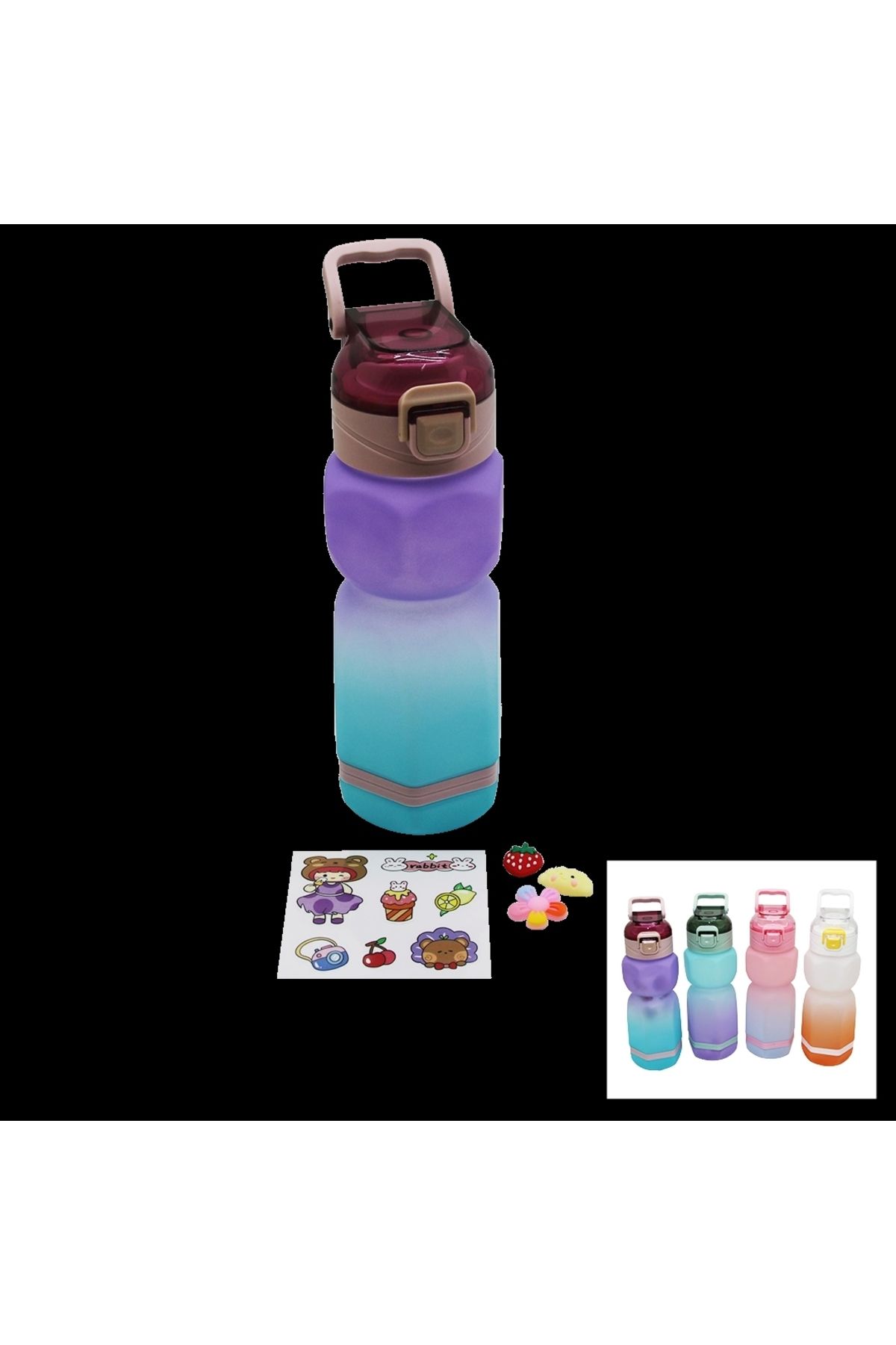 feminight Altıgen Renkli Pls.suluk Matara Pipetli - Kilitli Kapak - Taşıma Kulplusticker Hediyeli760ml