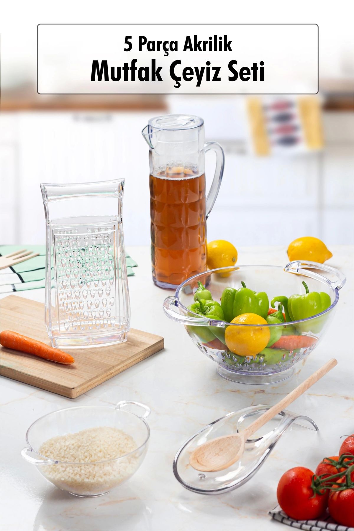 FTT SHOPPING MARKET Akrilik Şeffaf 5 Parça Sürahi & Rende & Süzgeç & Mini Süzgeç & Kaşıklık & Mutfak Çeyiz Seti