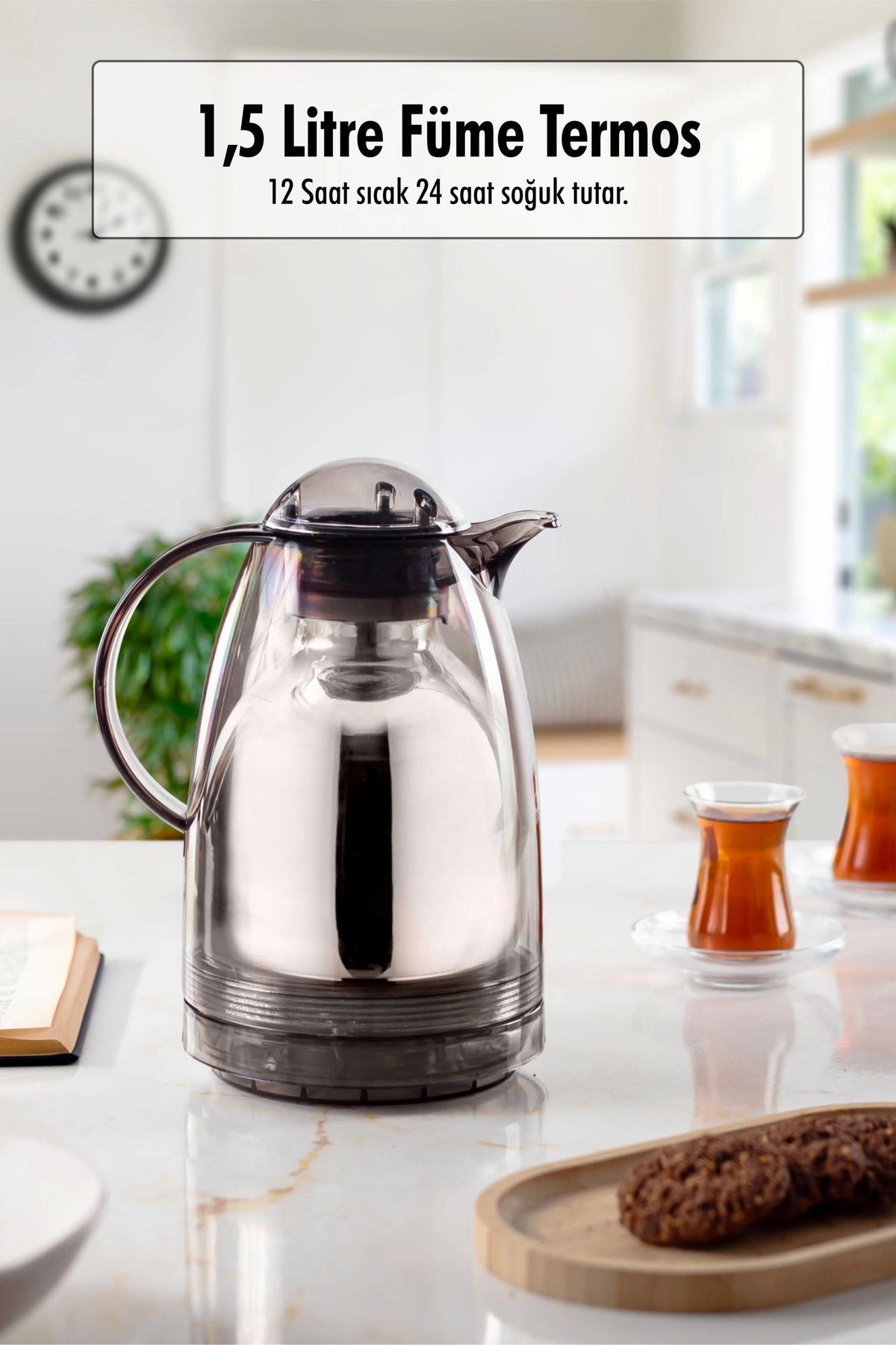 FTT SHOPPING MARKET 1.5 LT Isı Yalıtımlı Çay Ve Soğuk Su Termosu Füme (12 Saat Sıcak Tutar& İçi Camdır)