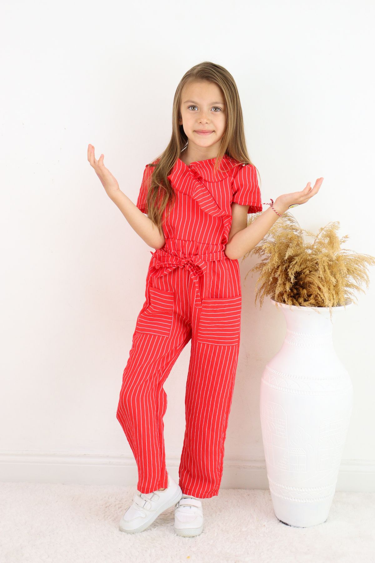 FESSHERA-💜   Girl's Double Breasted Collar Ruffle Detailed Striped Jumpsuit – Suitable for Casual and Special Occasion Wear 💜 6