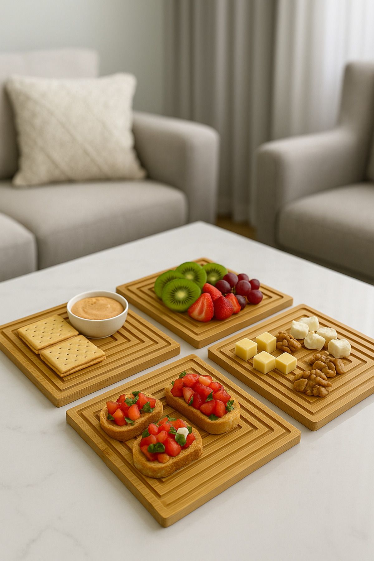 wellhome 4'lü Bambu Ahşap Sunum Tahtası 20x20 | Kare Servis Altlığı – Doğal Sunum Seti