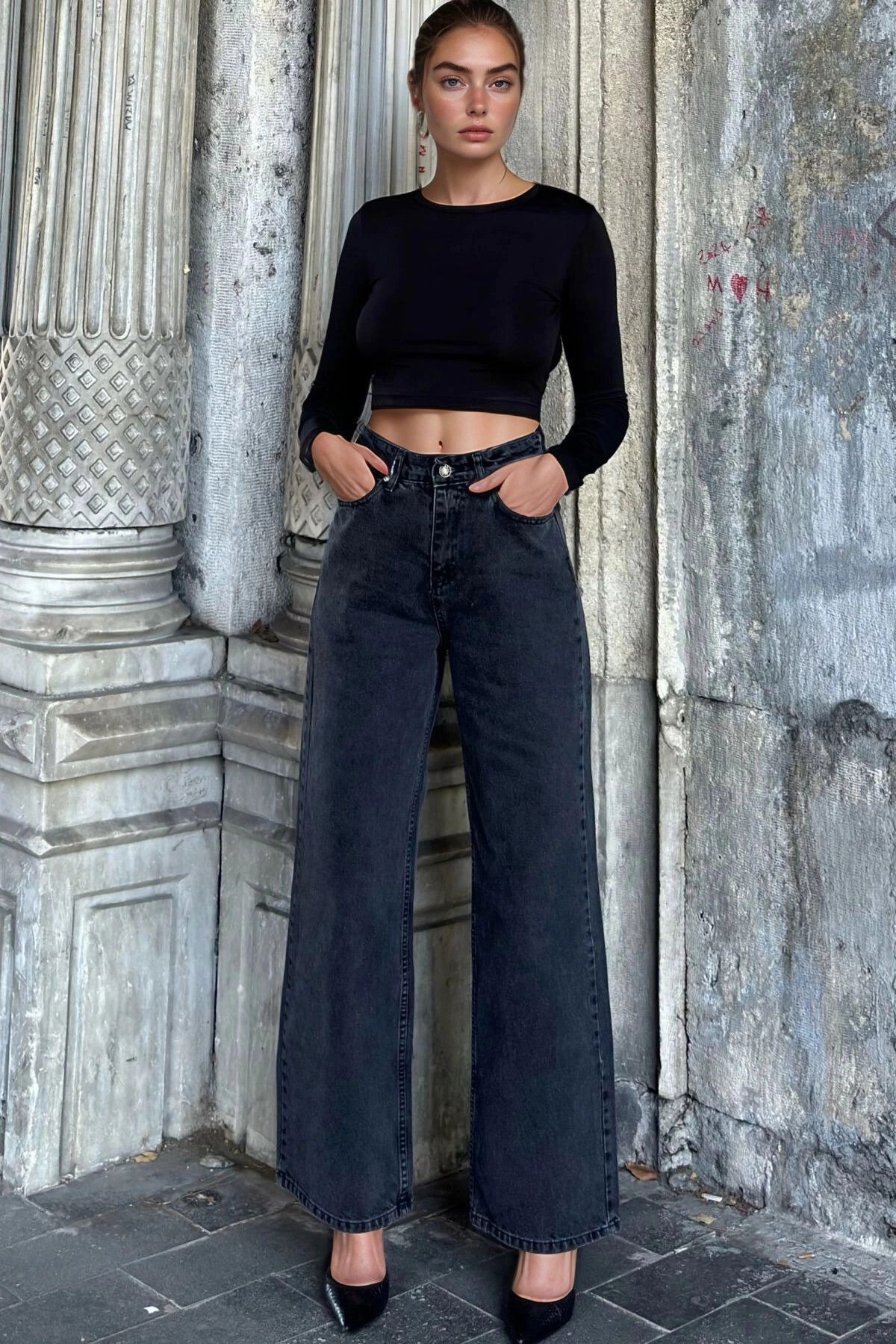 bacc Antrasit Beli Lastikli Geniş Paça Denim Pantolon BCBSK-25700-KT0095