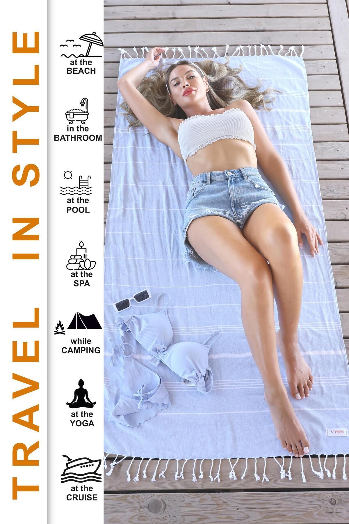 EVELYNEN HOME Evelynen Açık Mavi Peştemal Plaj Havlusu (27 RENK) Pamuk Banyo Havlusu Oversized 90x180 Plaj Havuz