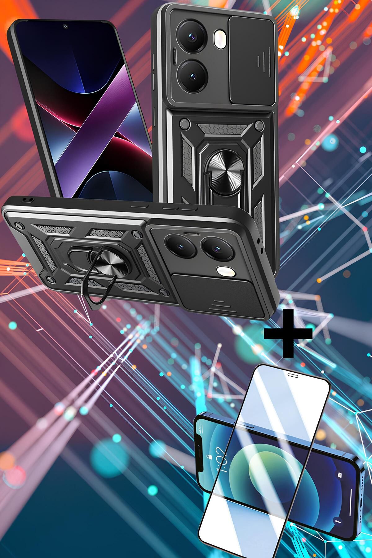 Hatreds Xiaomi Poco X7 Pro Kılıf Kızaklı Kamera Korumalı Yüzüklü Magnetic Kılıf + Ekran Koruyucu