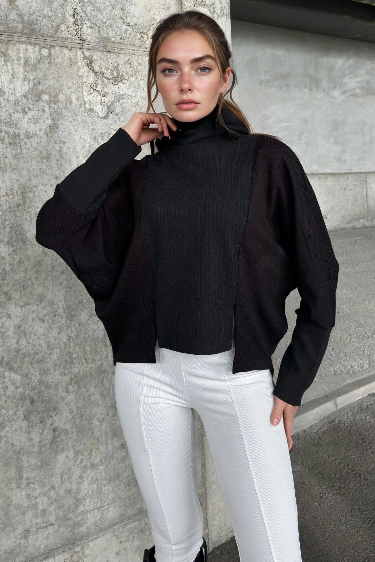 bacc Siyah Yumuşak Dokulu Oversize Asimetrik Bluz BCBSK-25700-3672