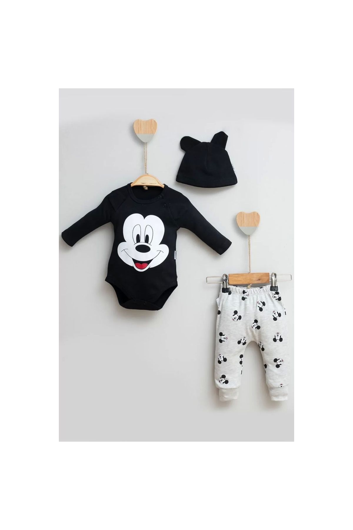 Marsilyan Mickey Desenli Şapkalı 3'lü Erkek Bebek Takımı