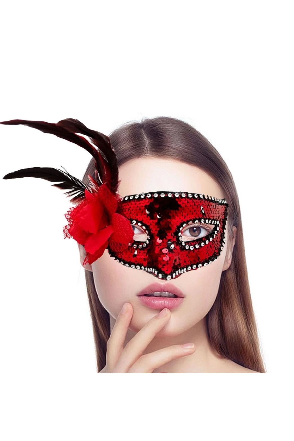 FTT SHOPPING MARKET Nessiworld Kırmızı Renk Yandan Tüylü Güllü Gümüş Taşlı Pullu Maske 20x22 cm