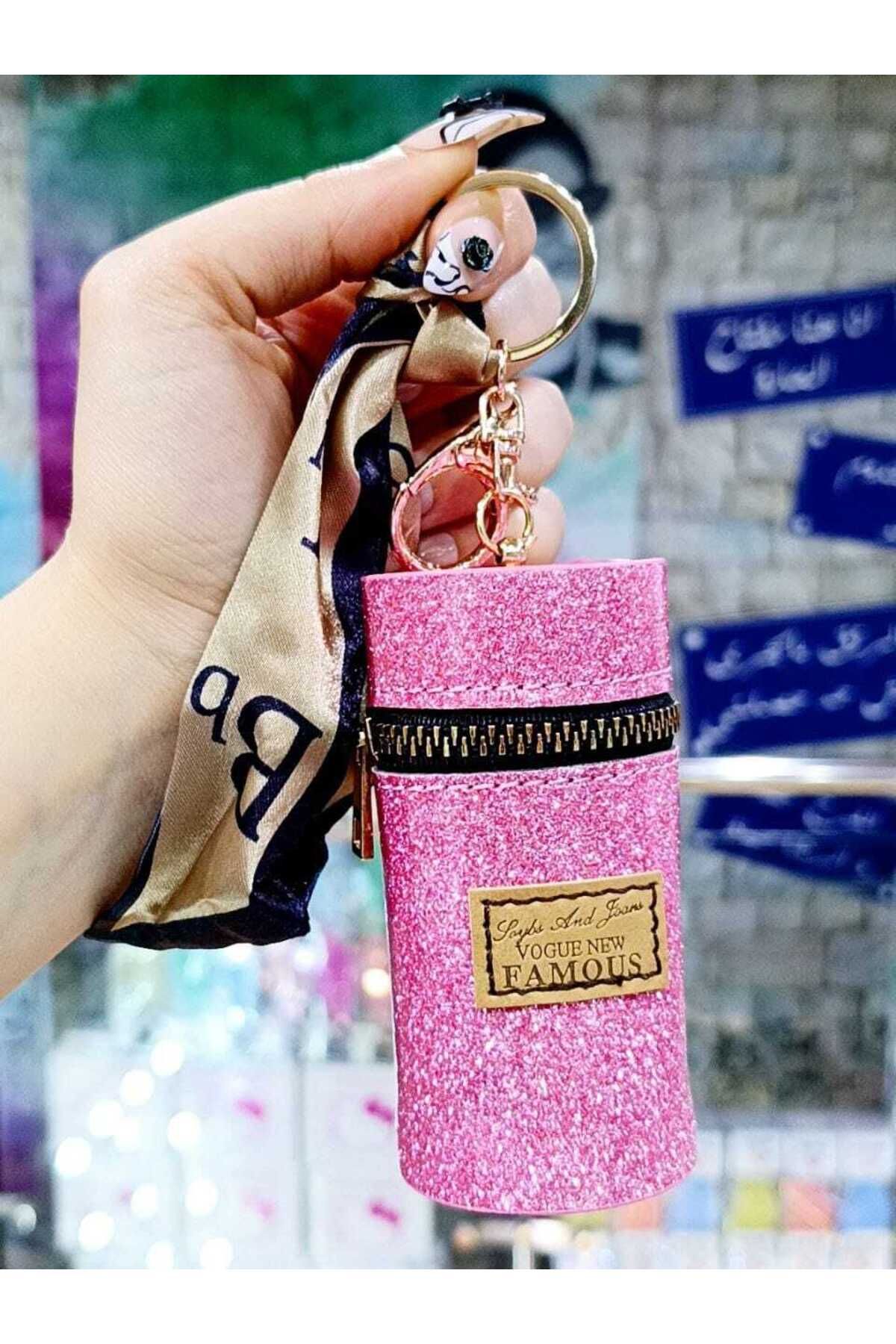 Fivy Fular Detaylı Parlak Simli Pembe Renk Ruj Kutusu Charm, Anahtarlık, Mini Cüzdan Charm