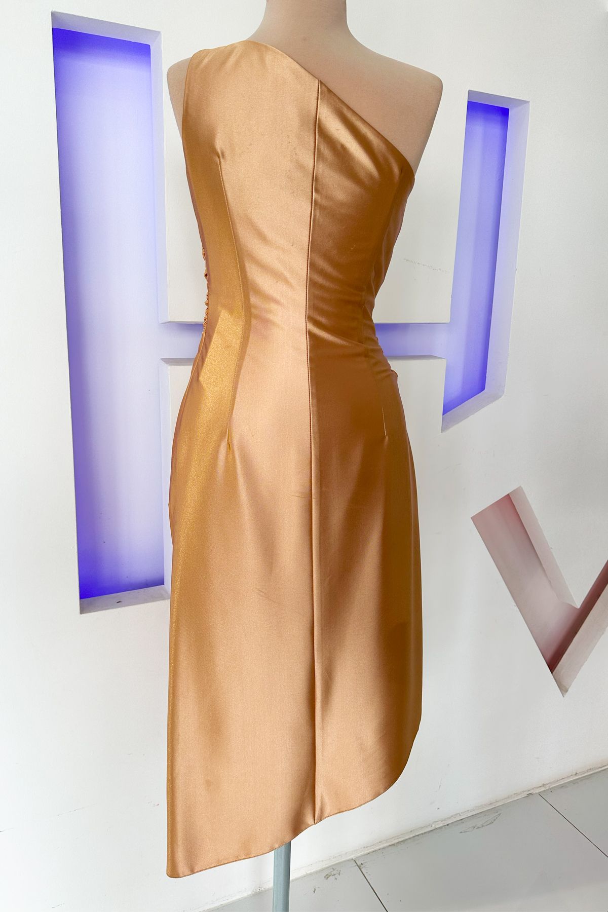 HalilModa Metalik Somon Mini Abiye Elbise