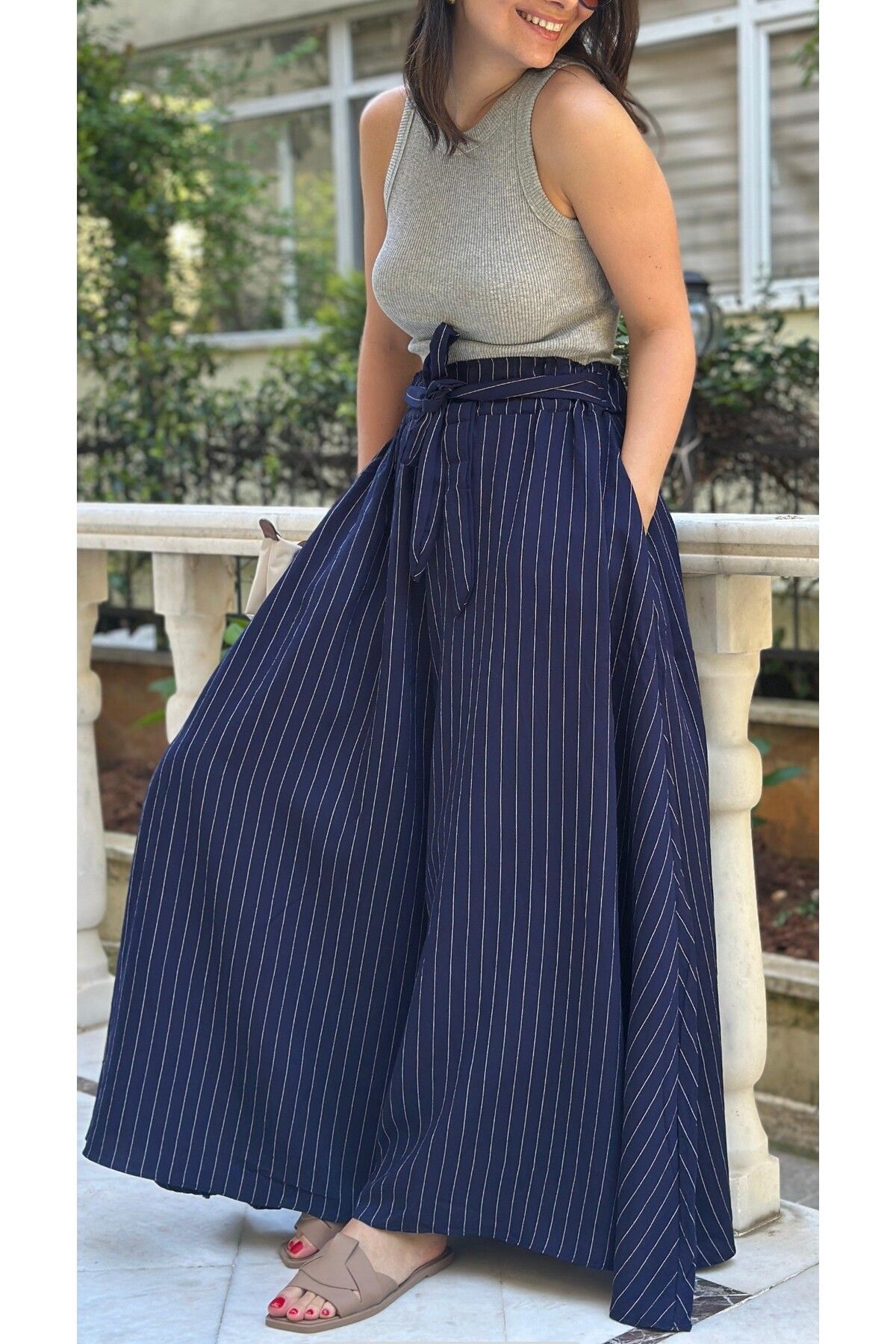 LaSorella Butik KADIN LACİVERT ÇİZGİLİ PANTOLON ETEK