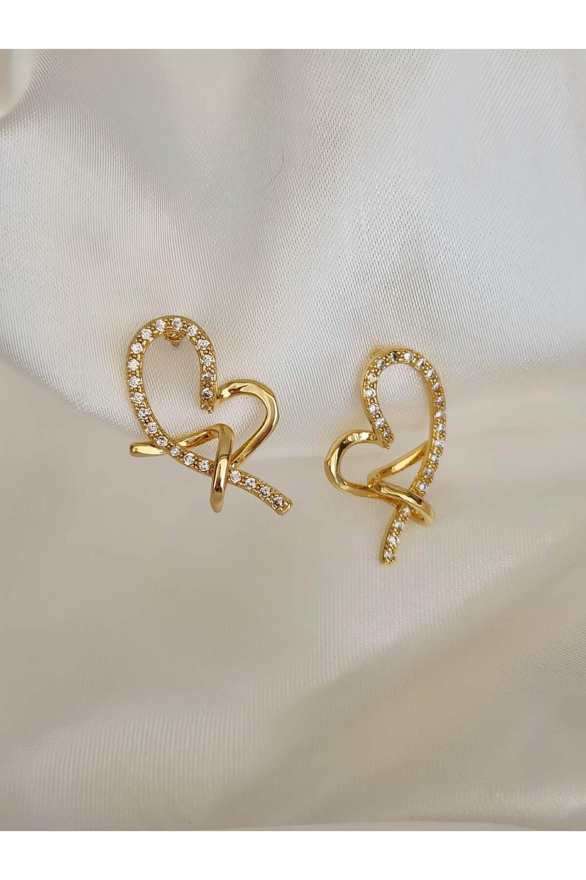 Eva Takı Store Kalp M Model Zirkon Taşlı Gold Renk Küpe