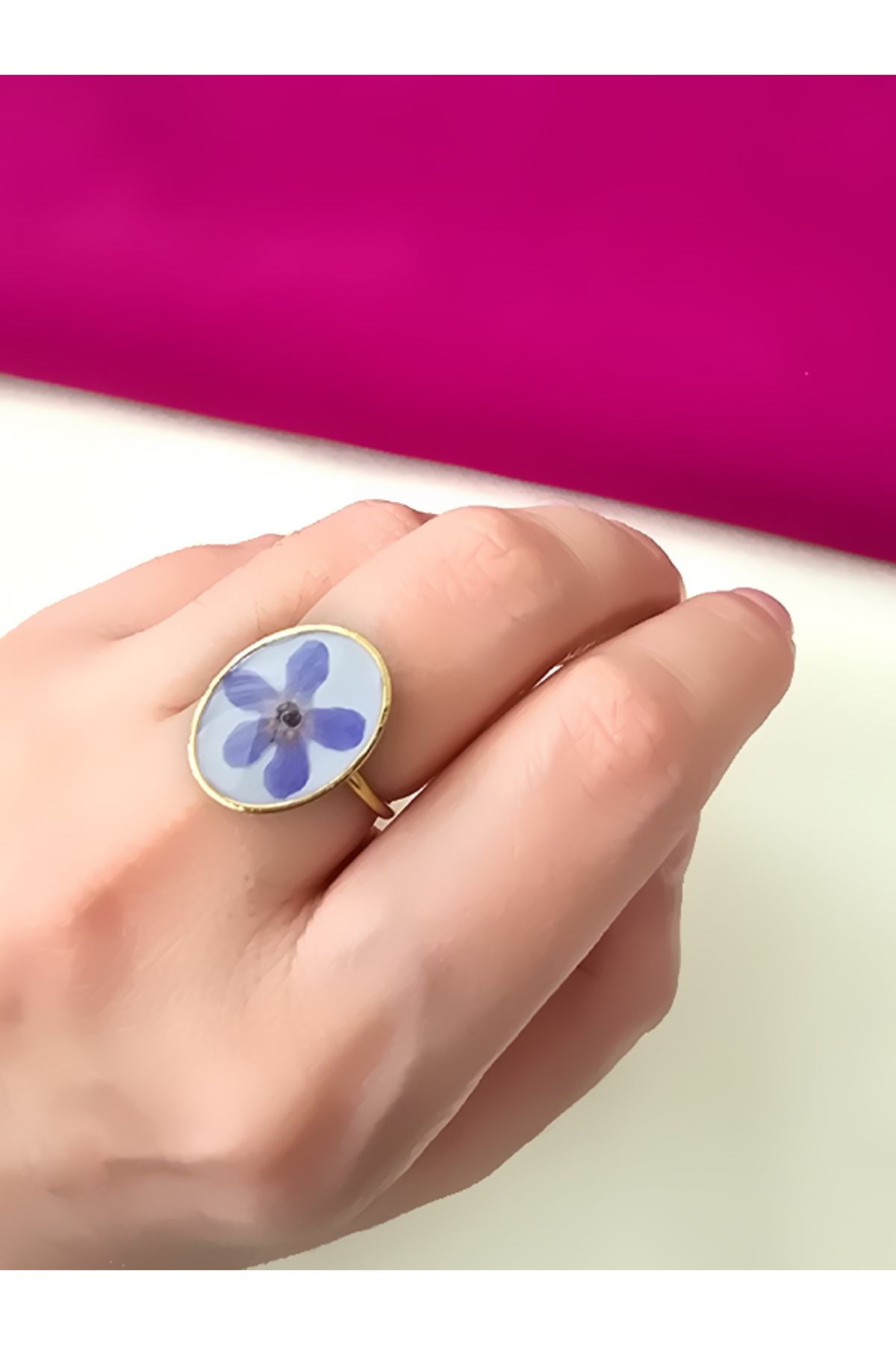 Riccoco Accessory Gerçek Unutma Beni Çiçeği Epoksi Çelik Yüzük