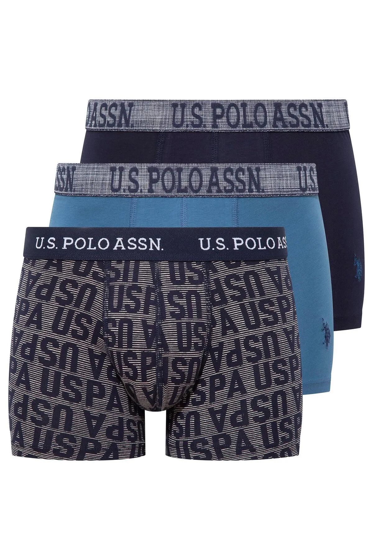 U.S. Polo Assn. Pamuklu & Likralı, 3'lü Boxer Set, İndigo & Lacivert Baskılı, USPA Baskılı