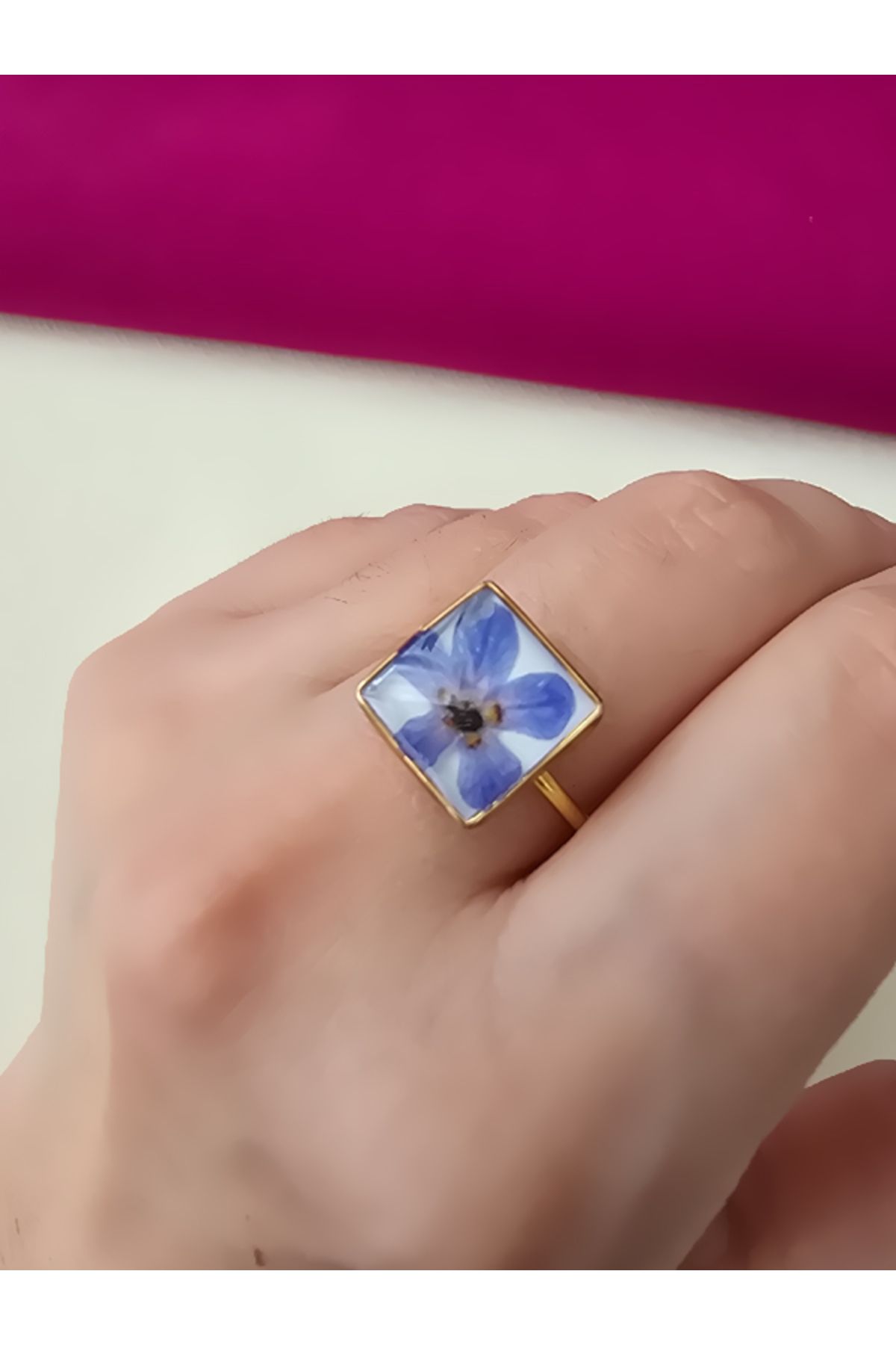 Riccoco Accessory Gerçek Unutma Beni Çiçeği Epoksi Çelik Yüzük