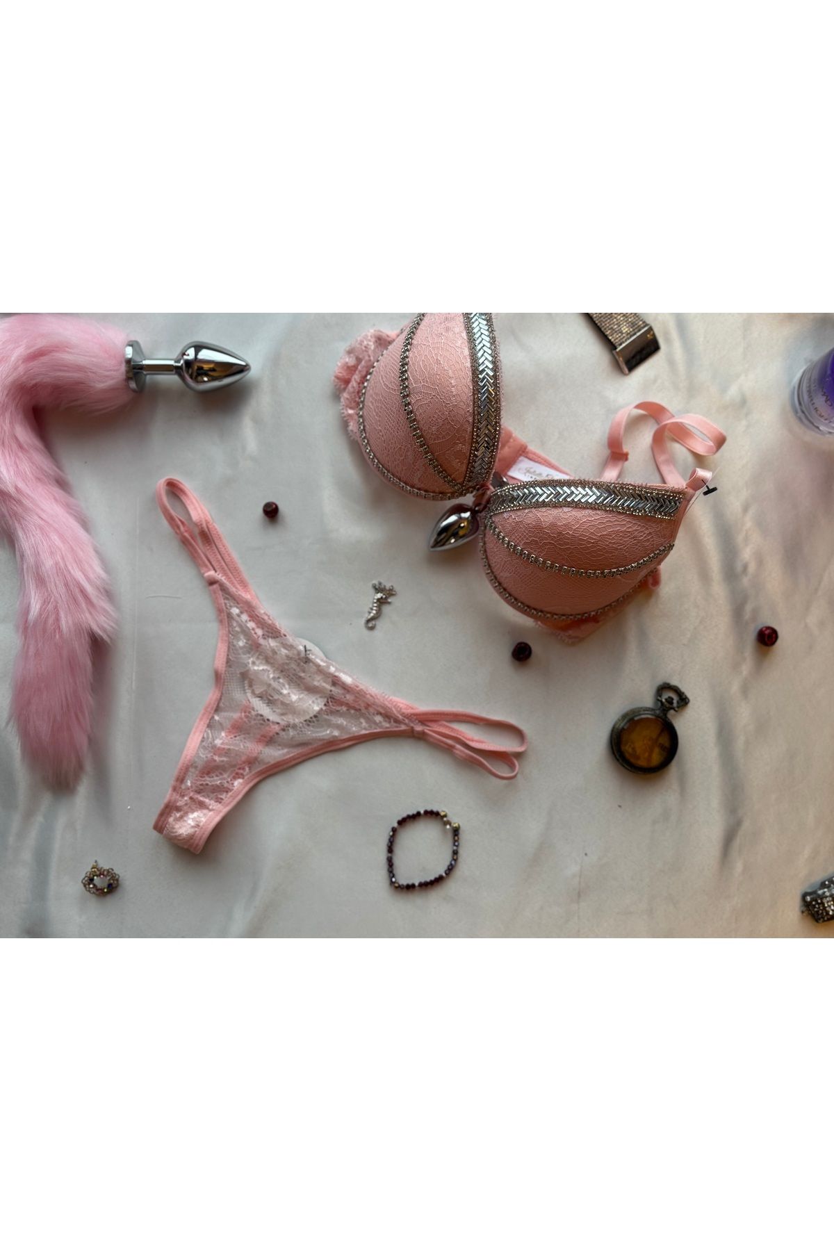 AZMAN SHOP Pembe Kristal Taşlı Takım