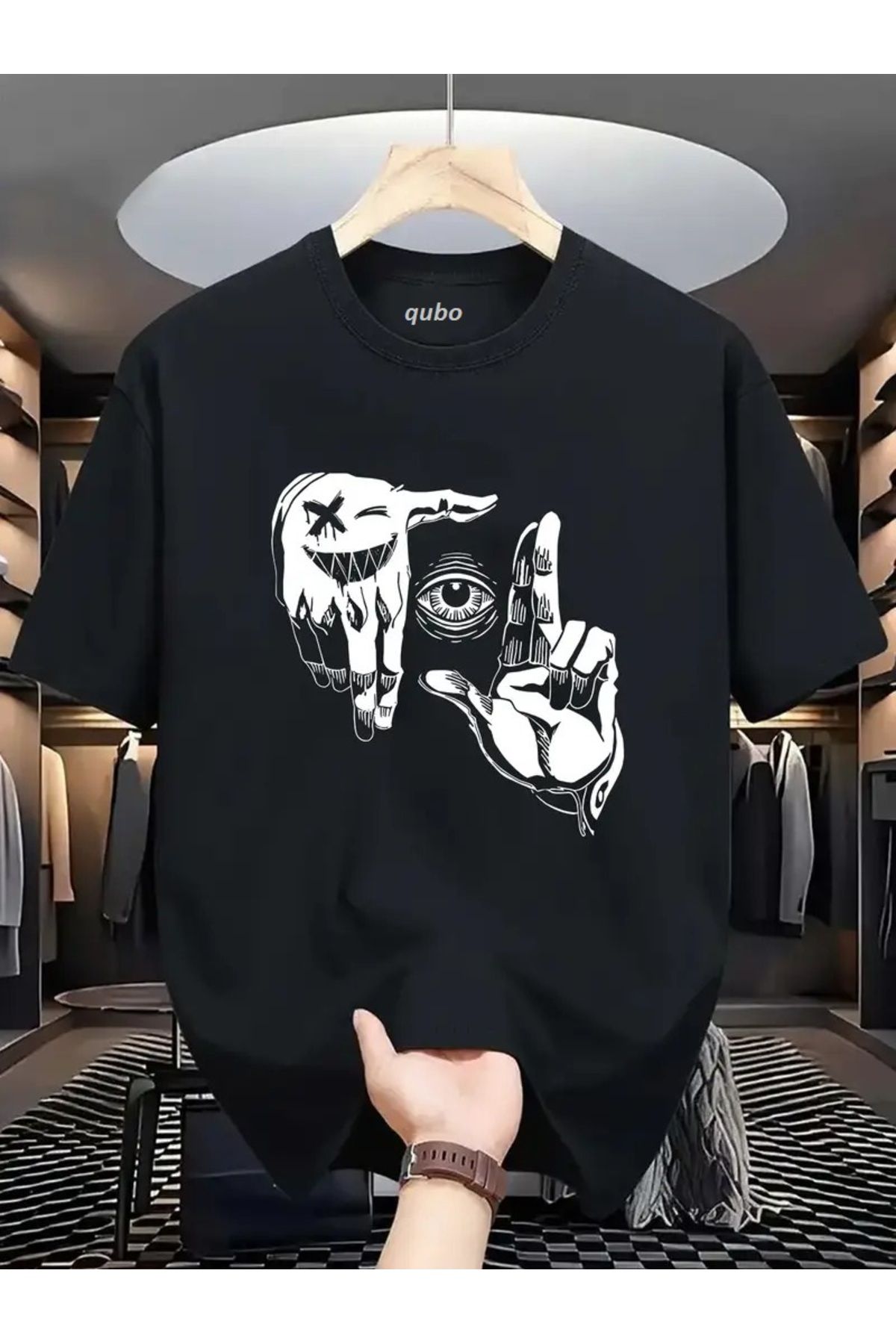 qubo sportswear & company qubo Unisex Oversize Baskılı Pamuklu Bisiklet Yaka Kısa Kollu SİYAH T-shirt