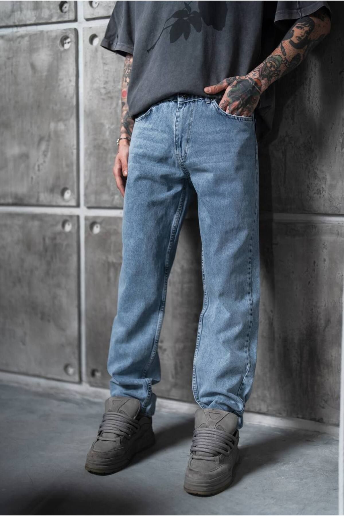 nin9 Yıkamalı Mavi Premium Baggy Pantolon