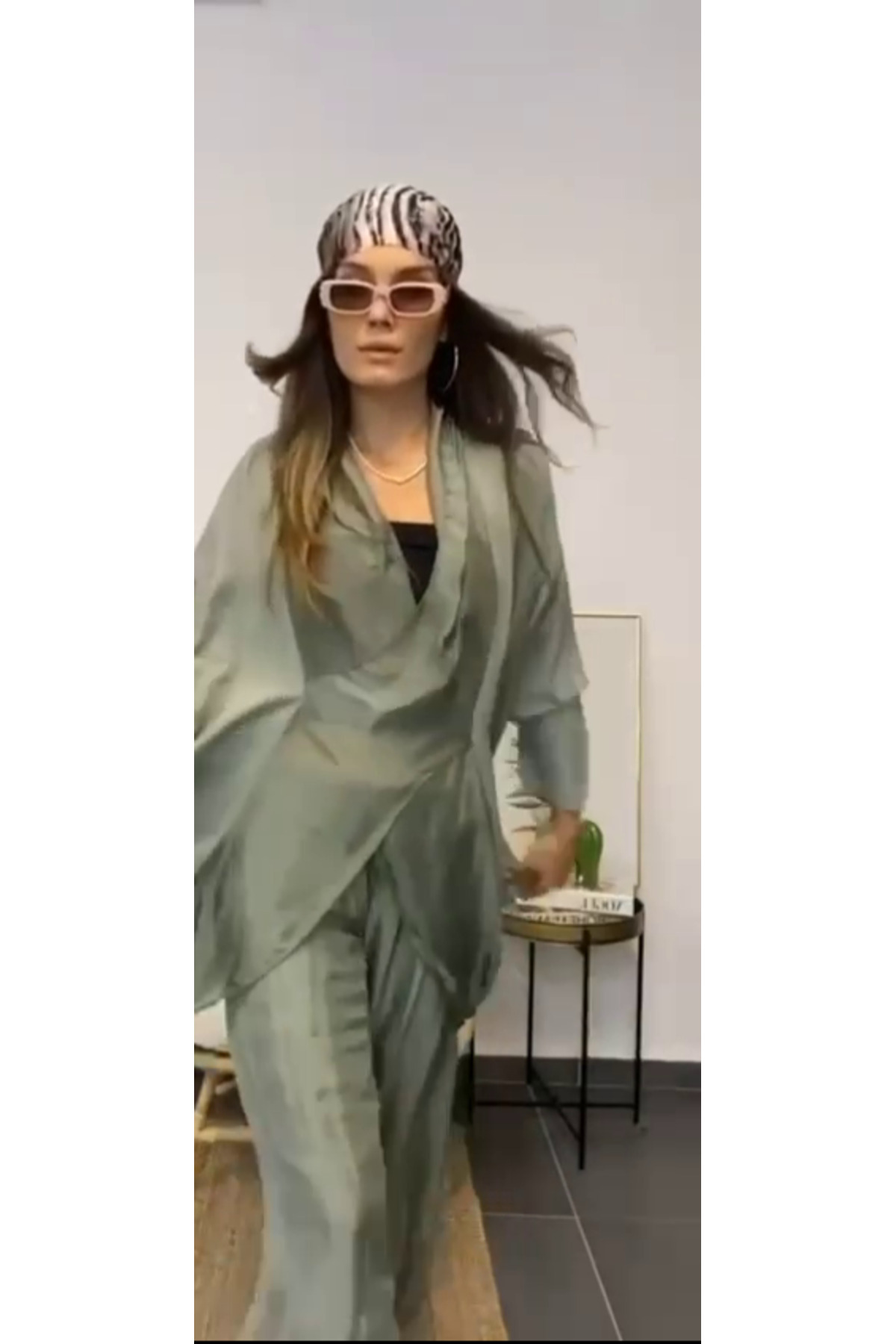 Bohem Stil-Italian Silk Detailed Oversize Cap Blouse - Wes Trouser Set 4