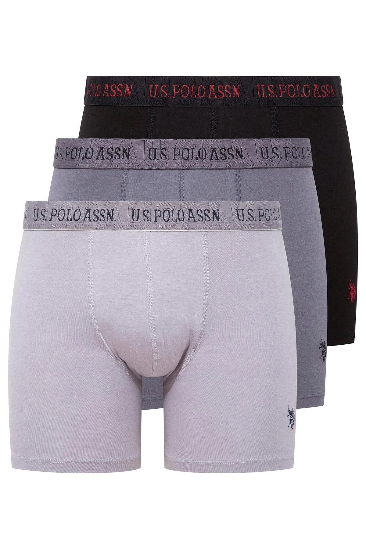 U.S. Polo Assn. Modal, Uzun 3'lü Erkek Boxer Set, Beli Lastikli, Siyah & Gri & Antrasit