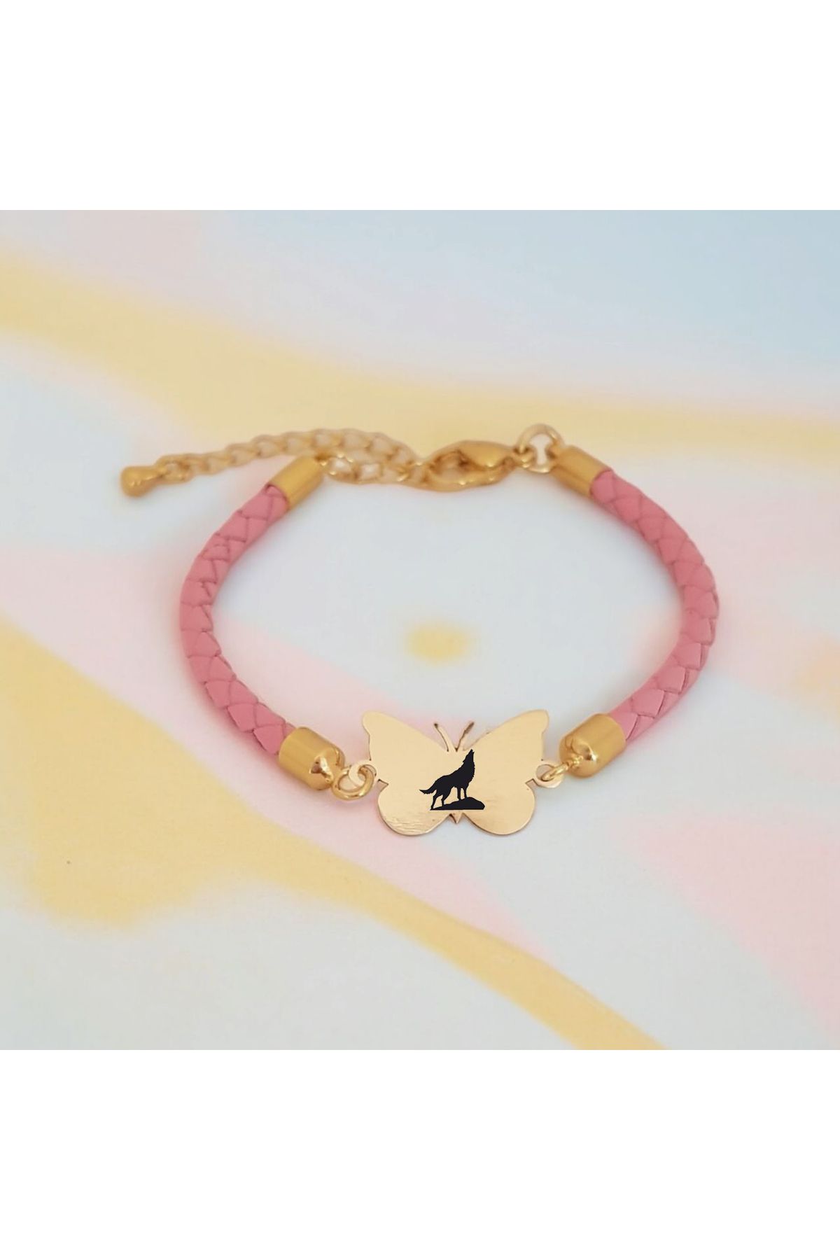 ARCHINO GOLD Özgün Derili 14 Ayar Altın Plakalı Bayanlara Kelebek Motifli Bozkurt Bilekliği-429sembol-pembe