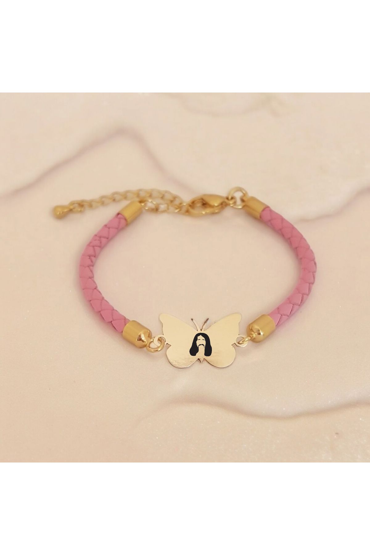 ARCHINO GOLD Kelebek Motifli 14 Ayar Altın Plakalı Özgün Derili Barış Manço Bilekliği-429sembol-pembe