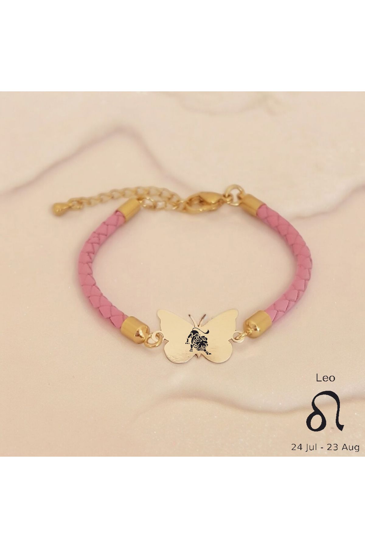 ARCHINO GOLD 14 Ayar Altın Plakalı Kelebek Motifli Hakiki Derili  Aslan Burcu Bilekliği-429burç-pembe