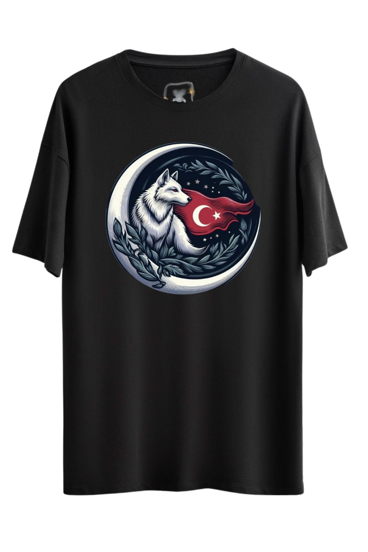 MODA BOL KESİM TÜRK BOZKURT BASKILI OVERSİZE OMUZU DÜŞÜK T-SHİRT %100 PAMUK