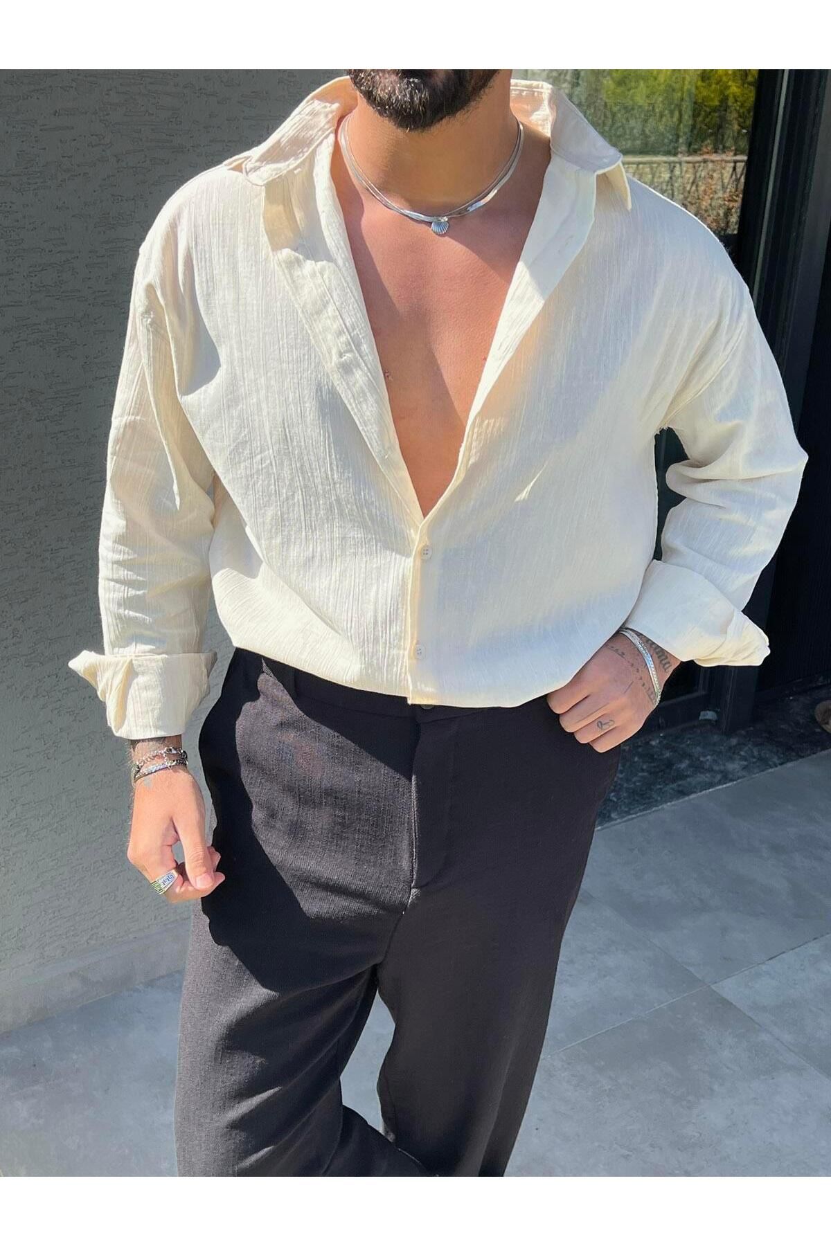 Elzem İnce Basic Keten Oversize Gömlek Açık Krem