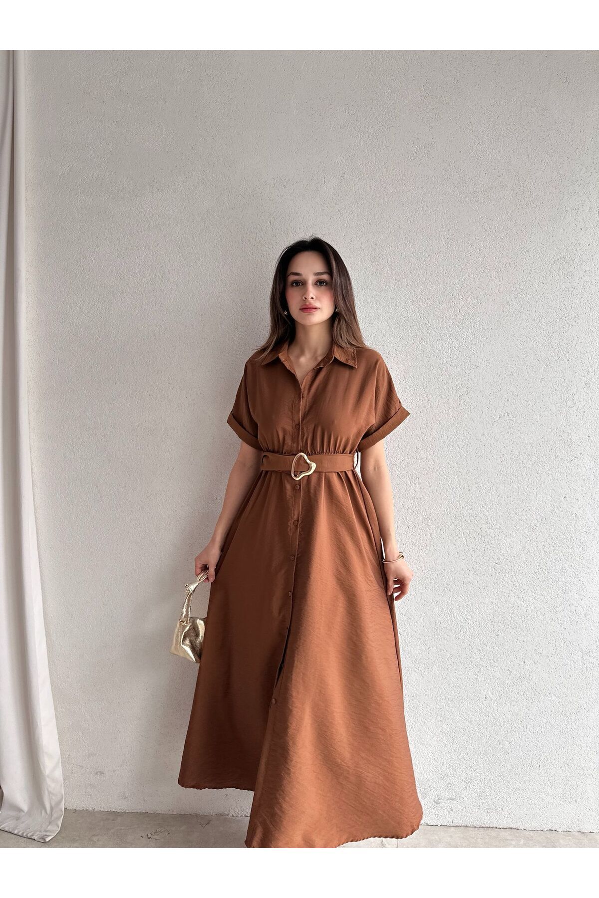 Mooi Butik SYBİL Midi Elbise 4756 - Kahverengi