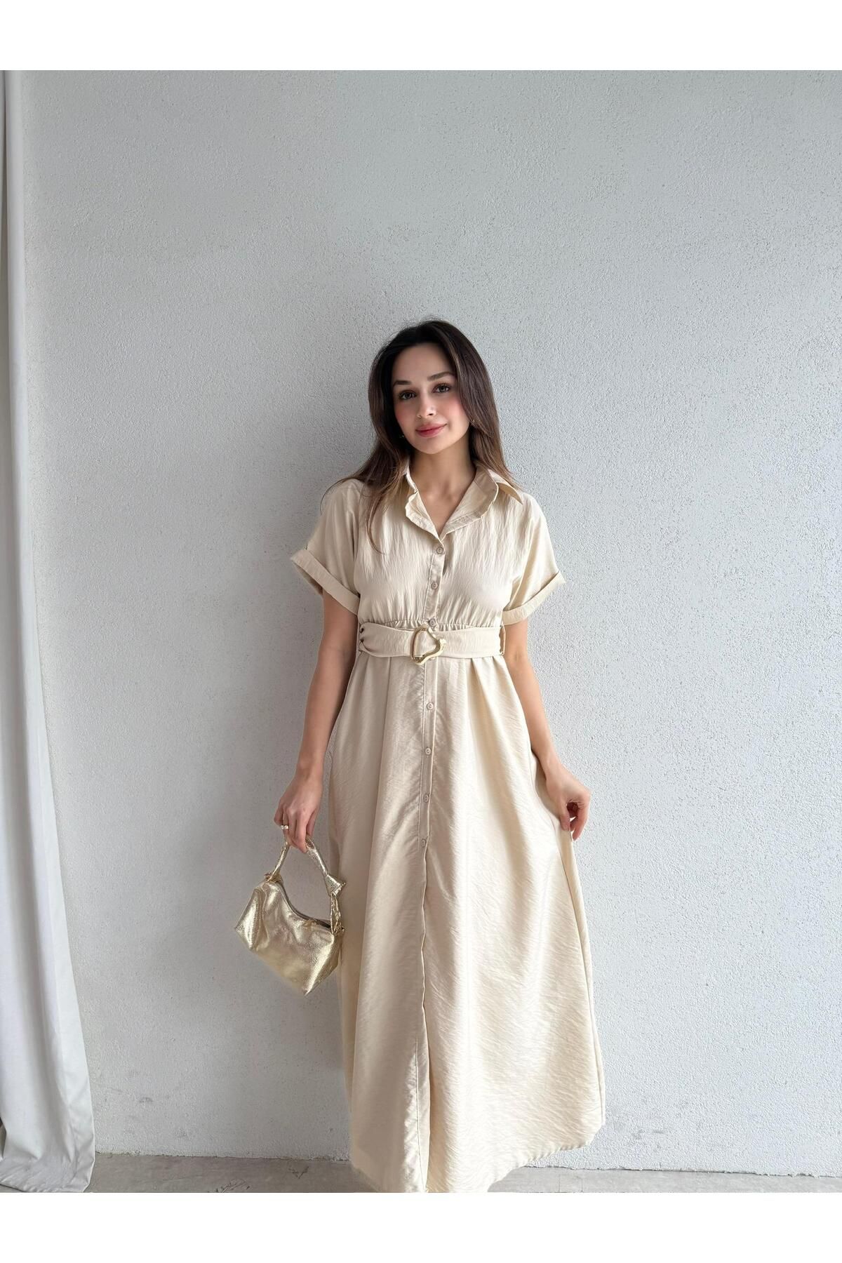 Mooi Butik SYBİL Midi Elbise 4756 - Krem