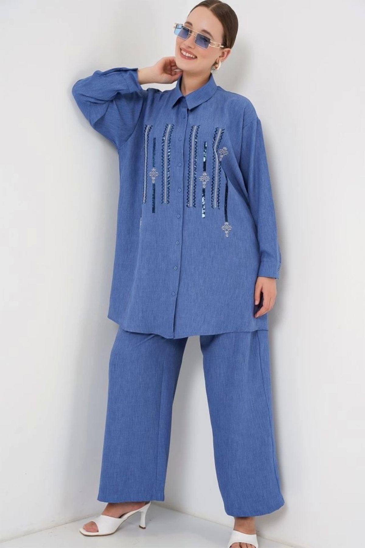 Butik Desenli Tunik Pantolon İkili Takım 6720 - İndigo