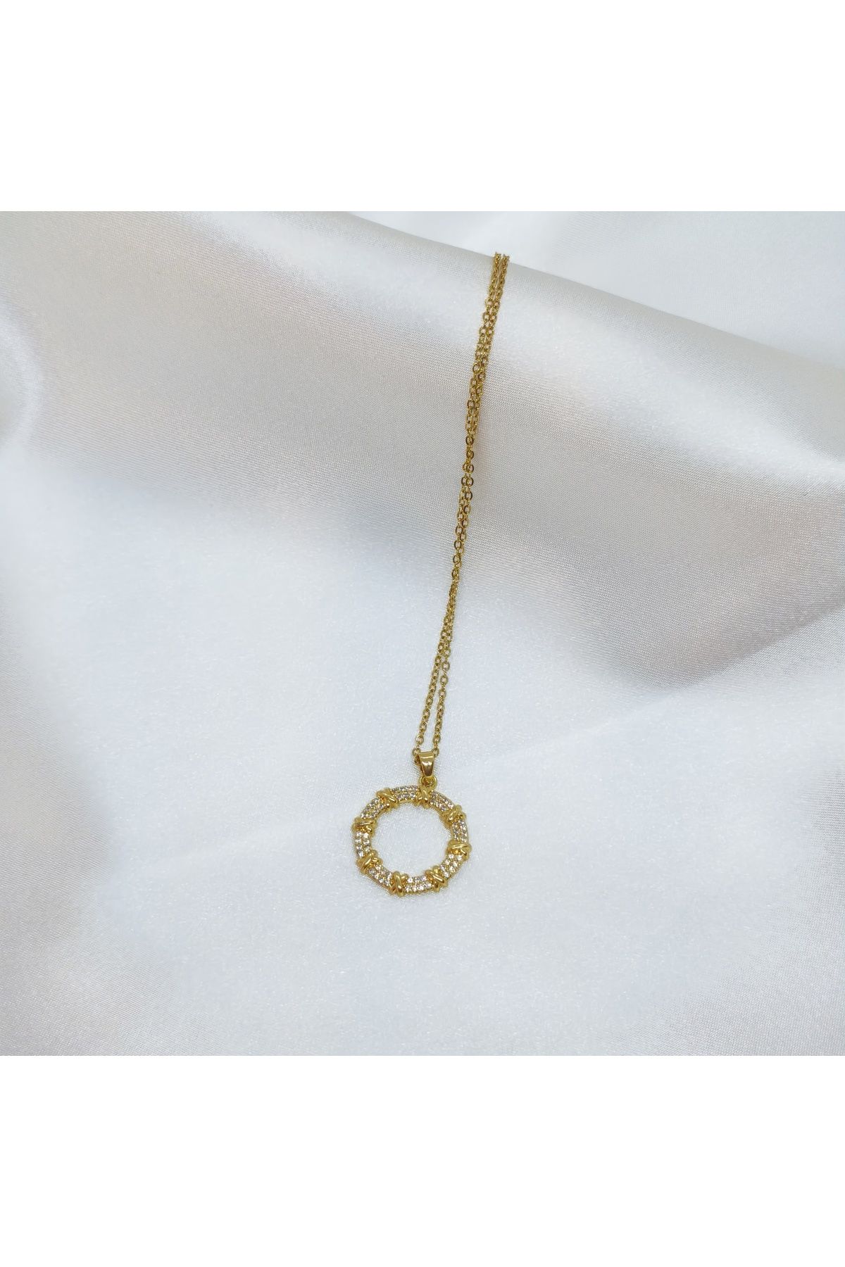 Butik Zirkon Detaylı Gold Halka Kolye