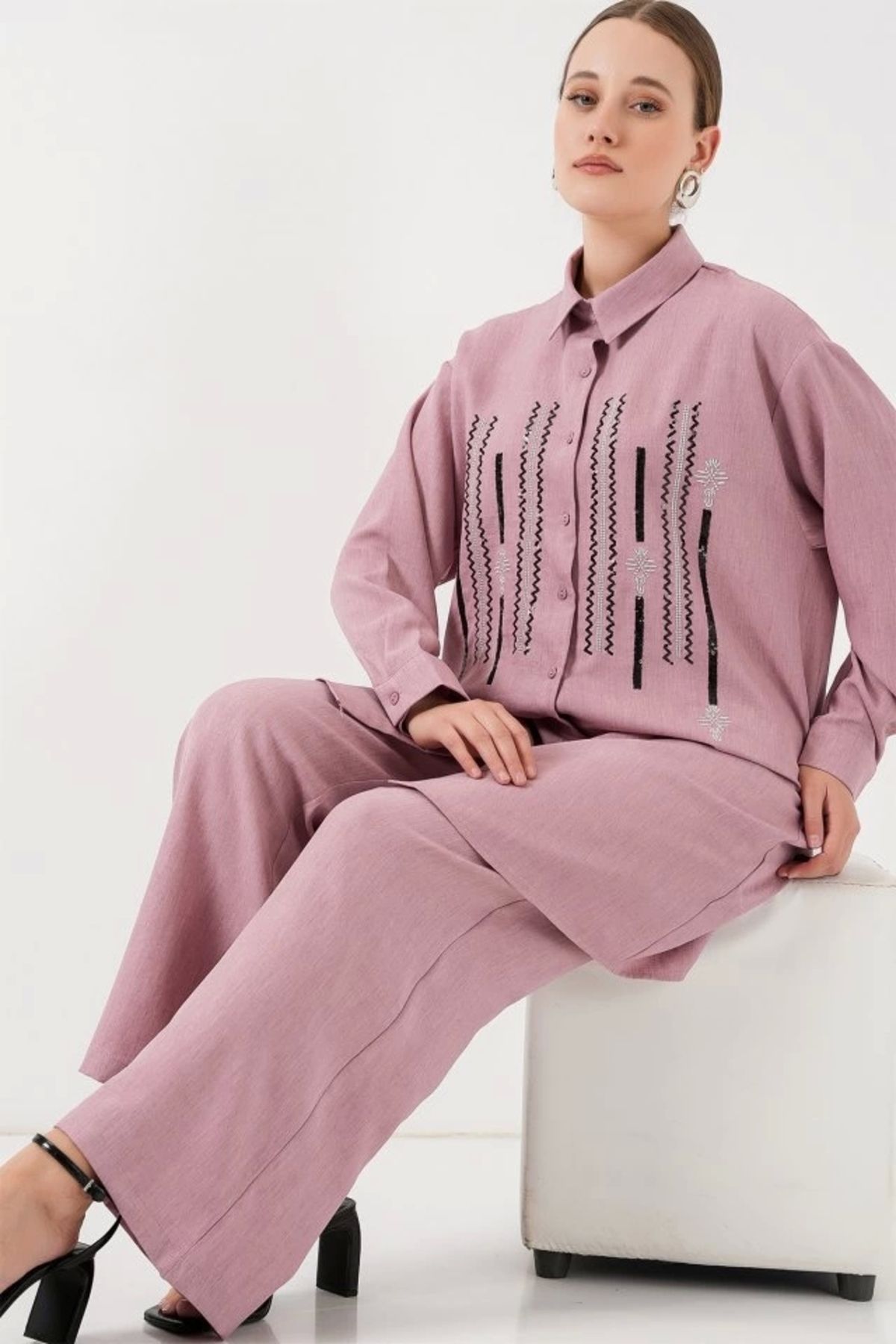 Butik Desenli Tunik Pantolon İkili Takım 6720 - Gül Kurusu