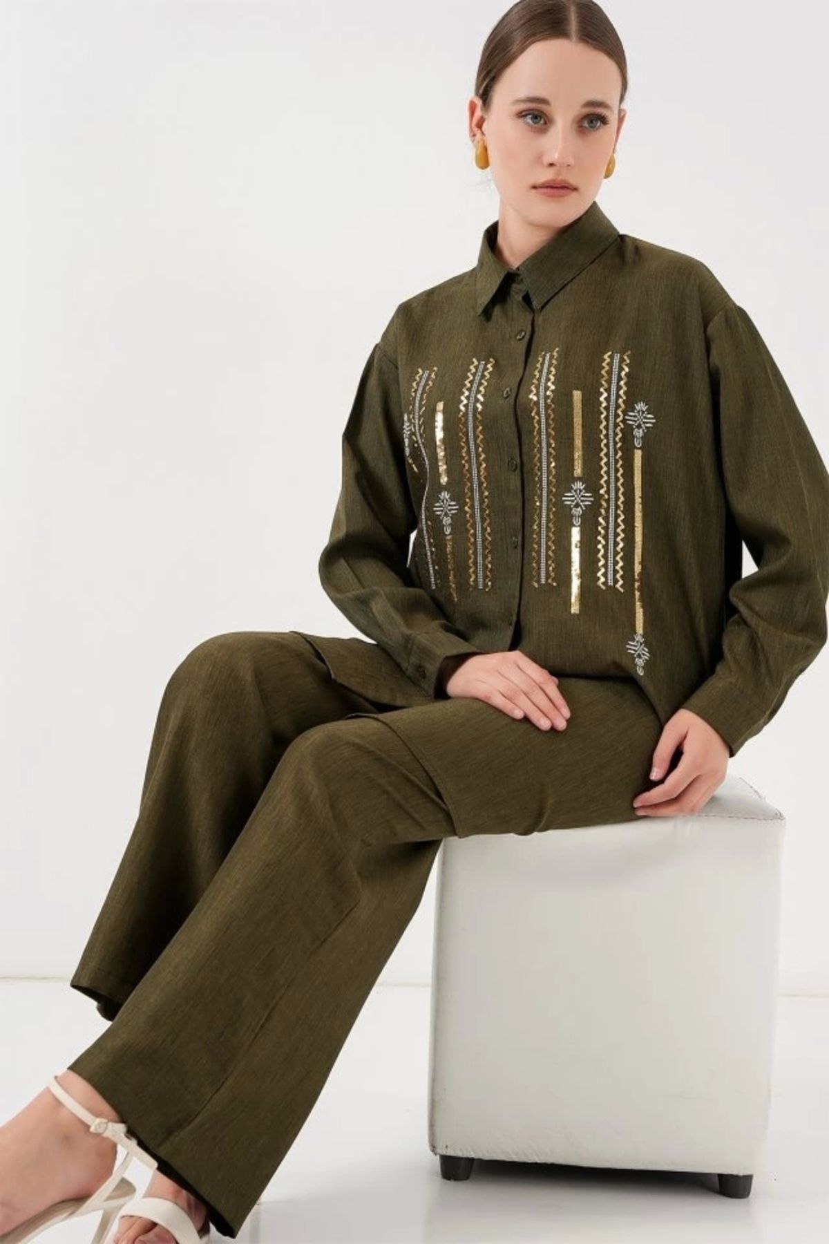 Butik Desenli Tunik Pantolon İkili Takım 6720 - Haki